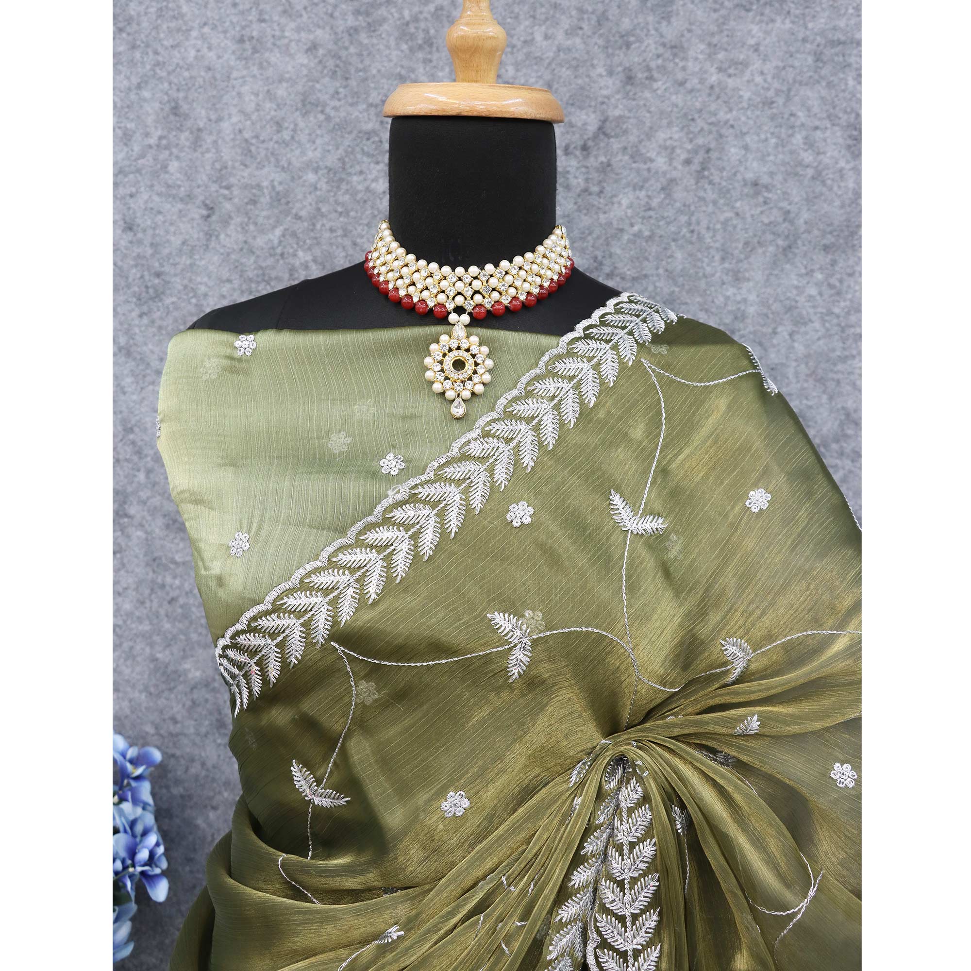 Olive Green Sequins Embroidered Chiffon Saree