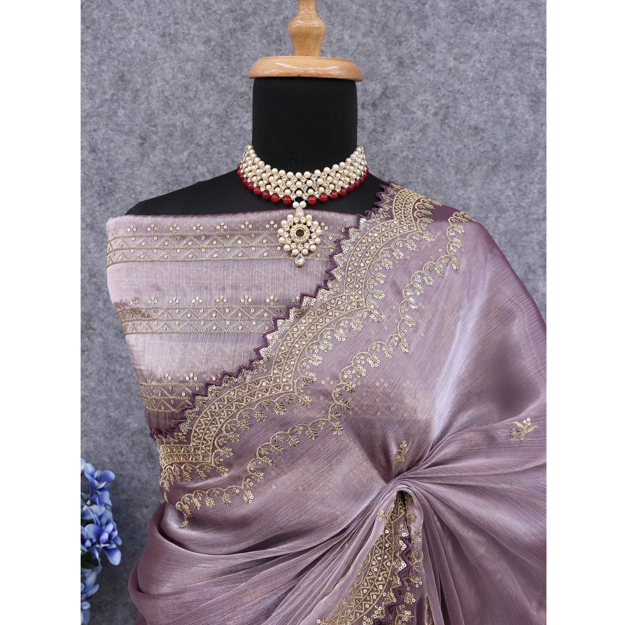 Mauve Sequins Embroidered Chiffon Saree