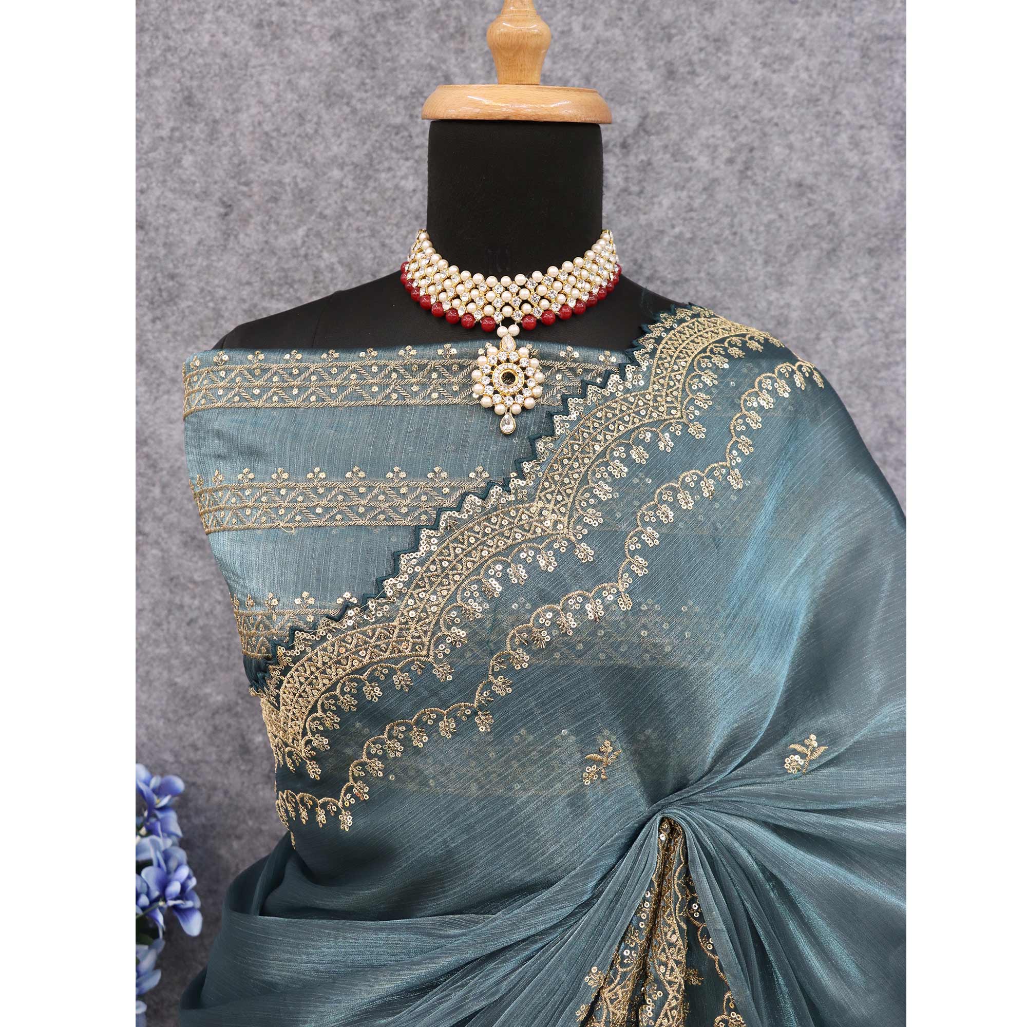 Salty Grey Sequins Embroidered Chiffon Saree