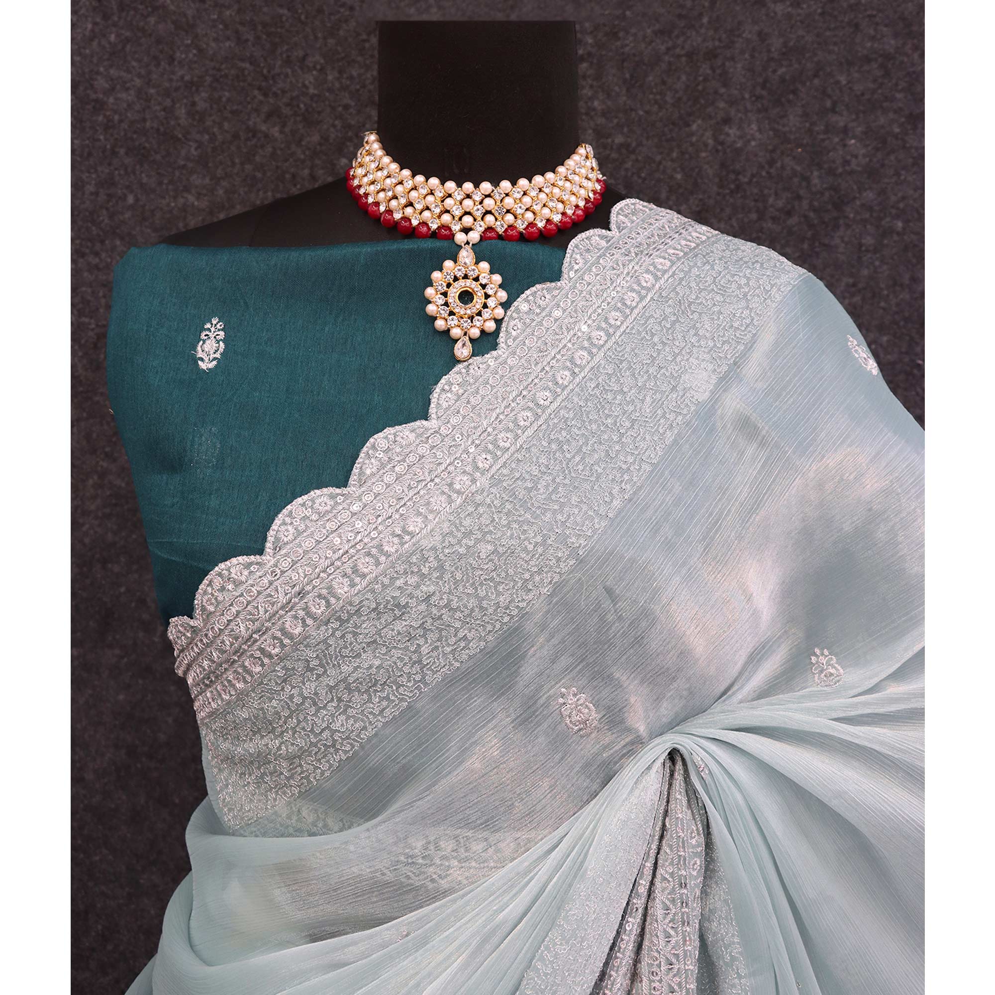 Sea Green Sequins Embroidered Chiffon Saree