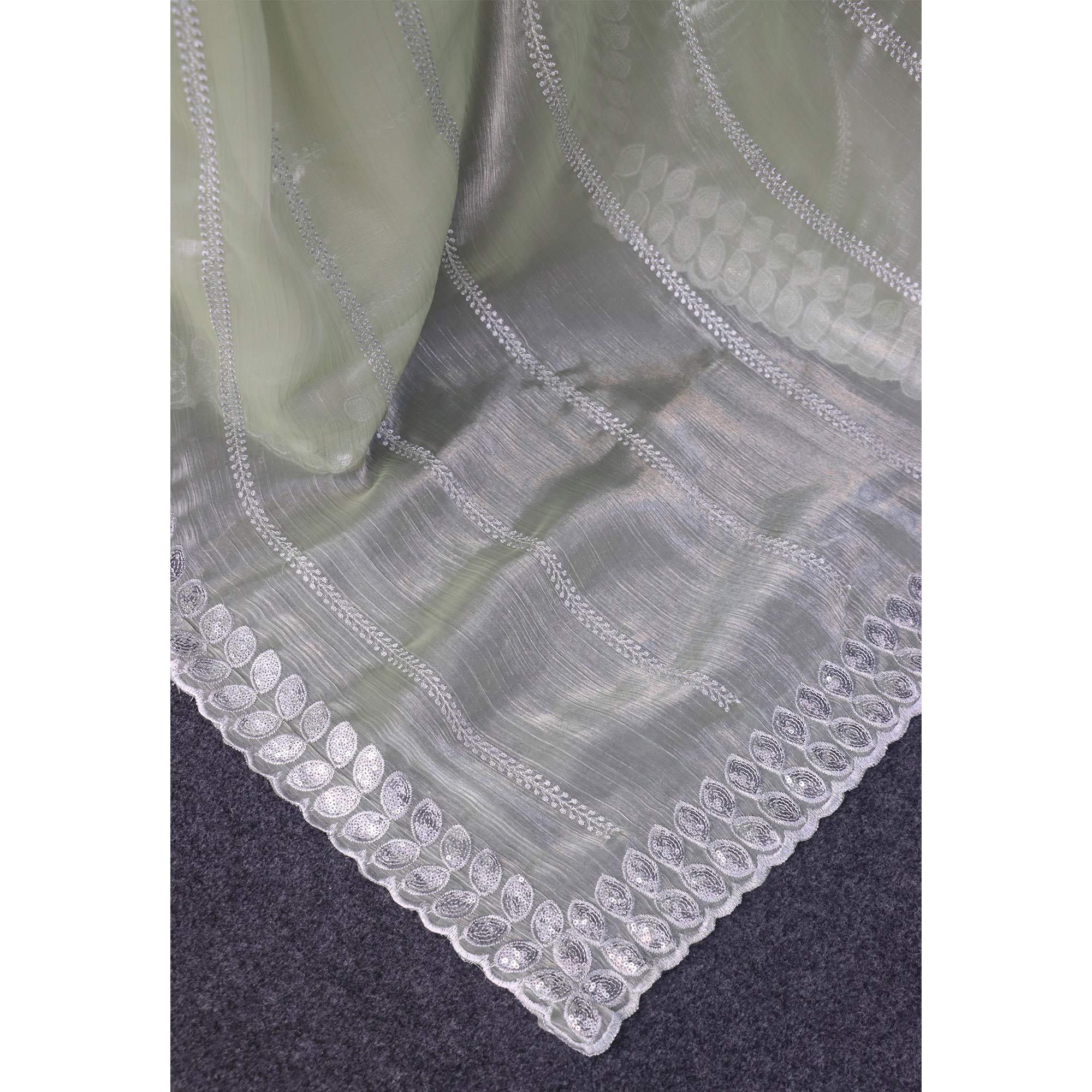 Pista Green Sequins Embroidered Chiffon Silk Saree