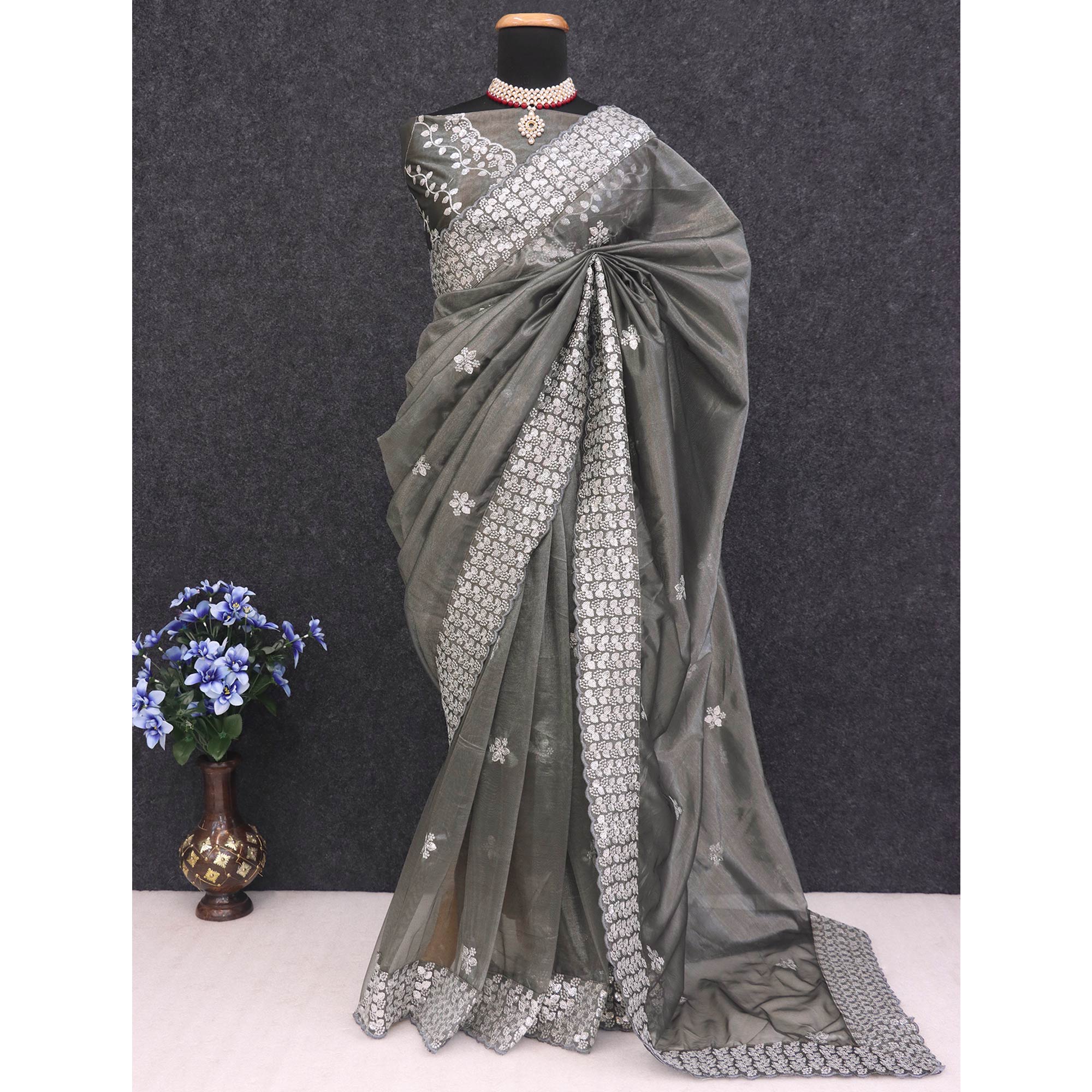 Grey Floral Embroidered Net Saree