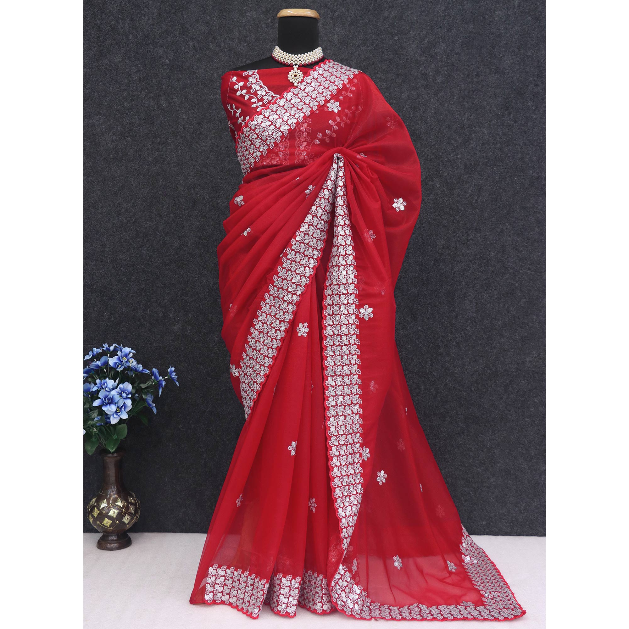 Red Floral Embroidered Net Saree