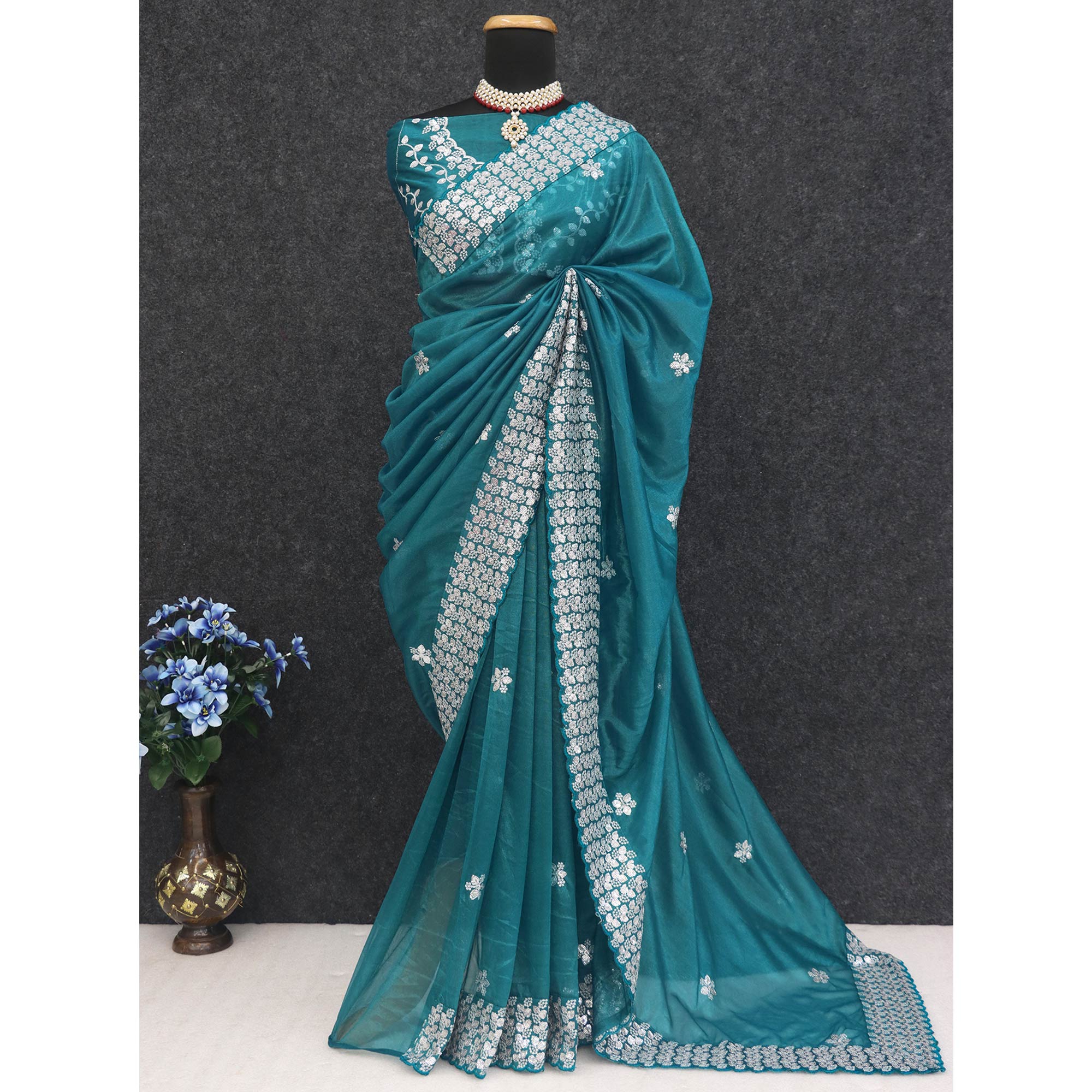 Teal Floral Embroidered Net Saree