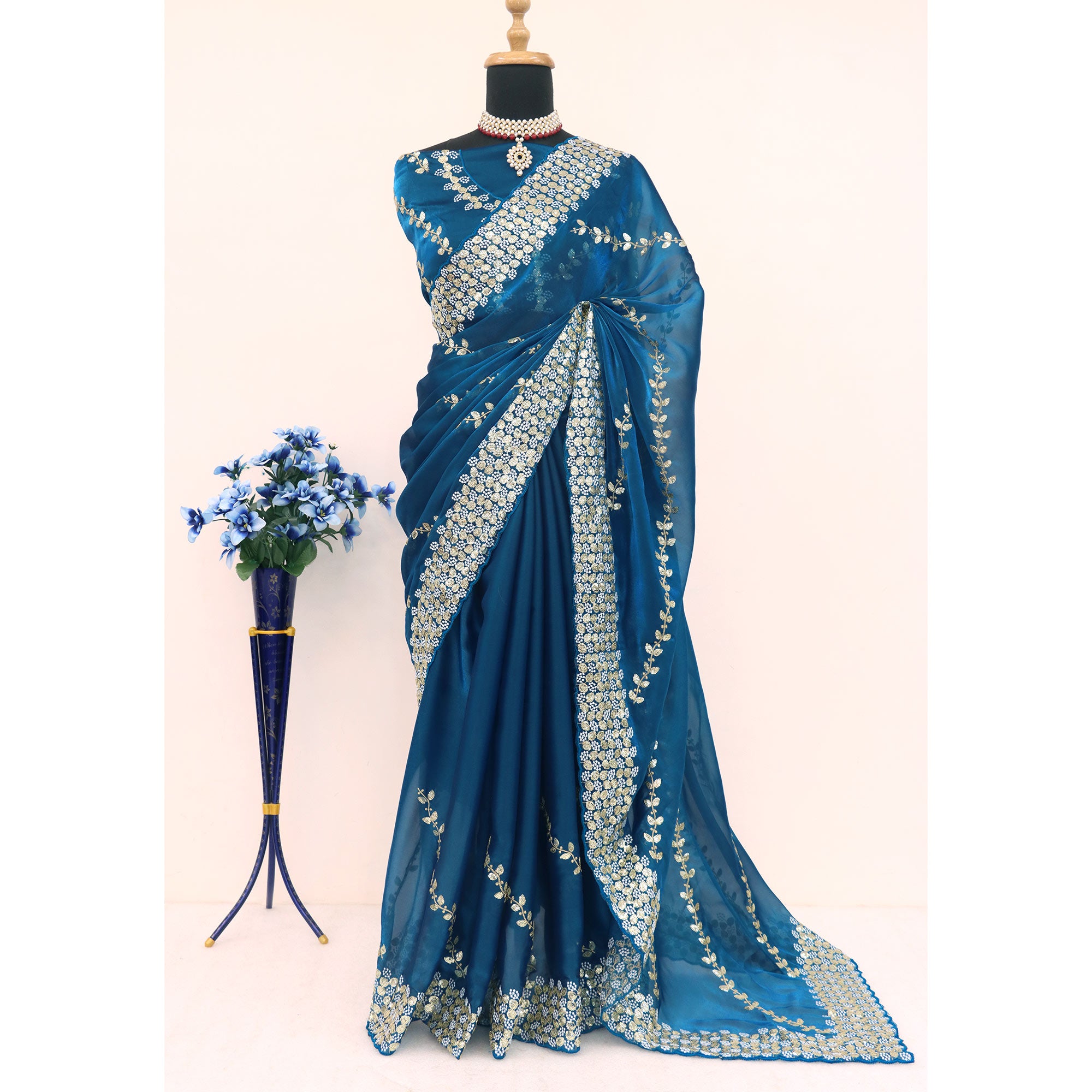 Blue Sequins Embroidered Satin Saree