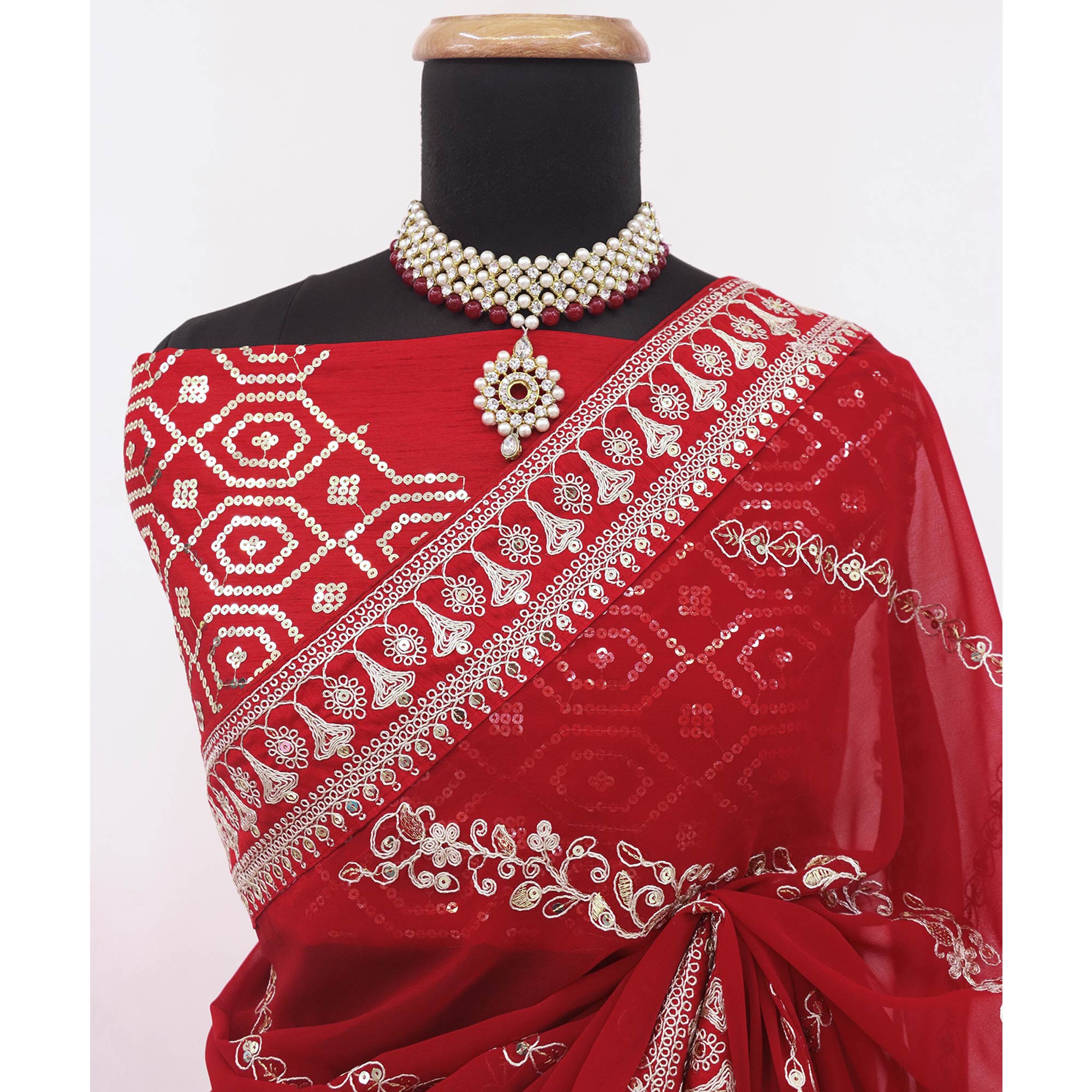 Red Sequins Embroidered Georgette Saree