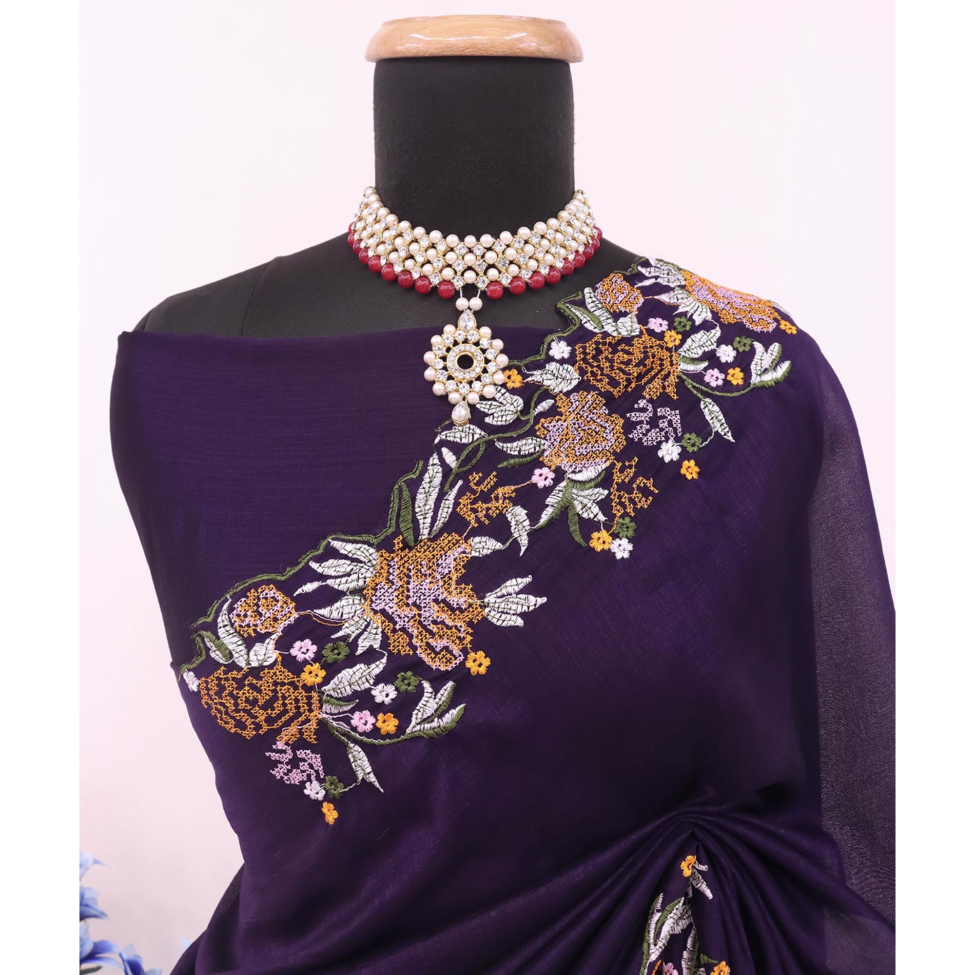 Purple Embroidery Vichitra Silk Saree With Floral Border