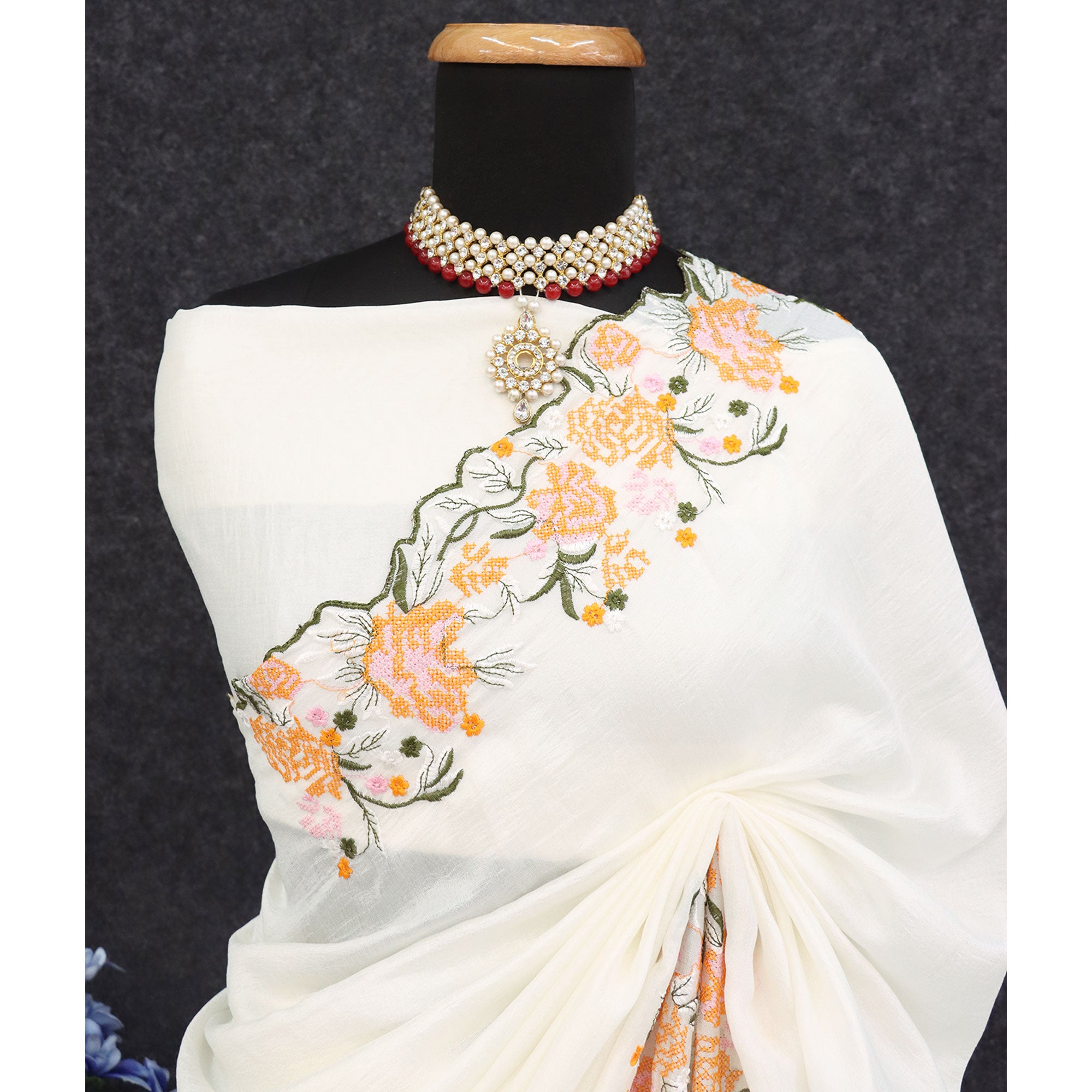 White Embroidery Vichitra Silk Saree With Floral Border