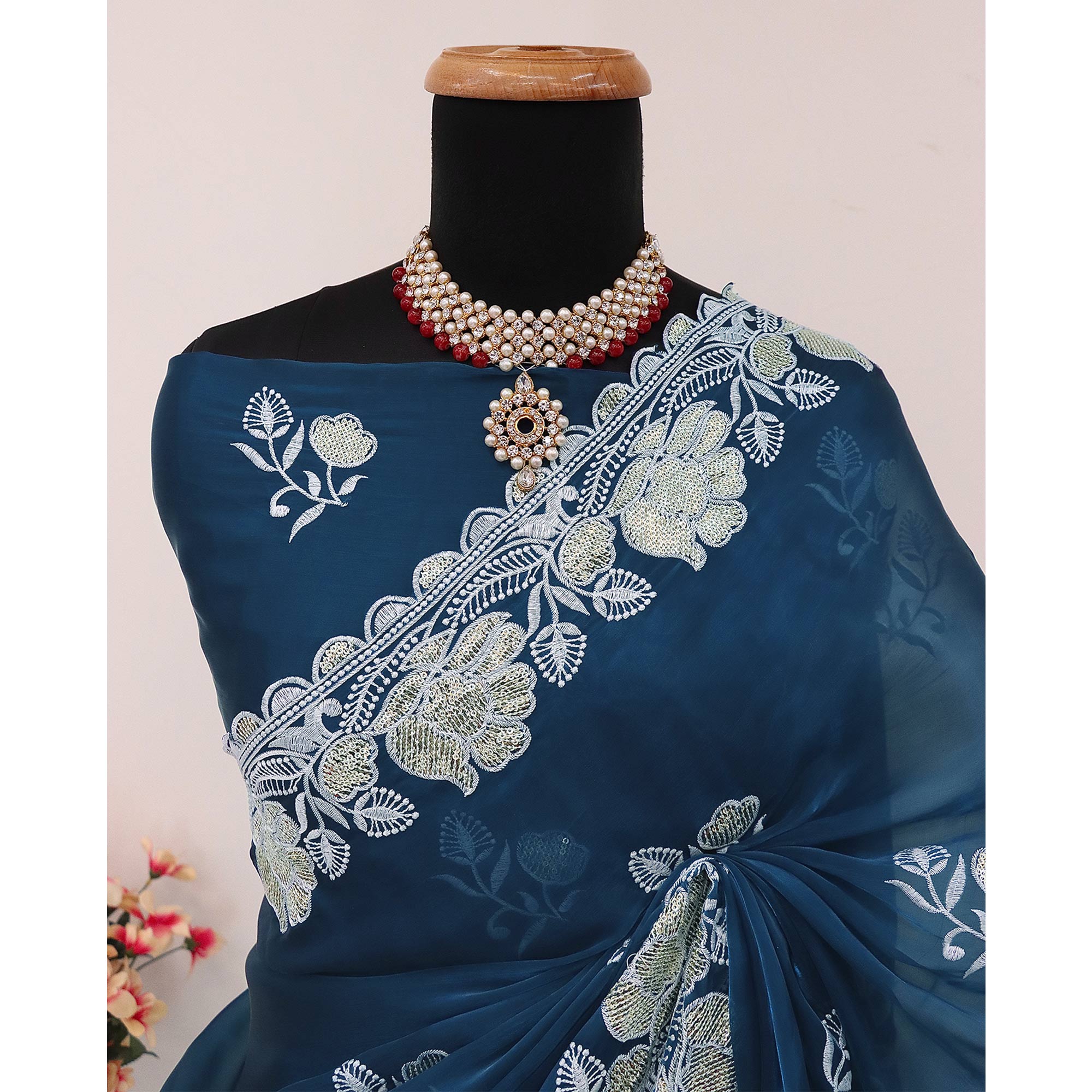 Blue Floral Embroidered Satin Saree