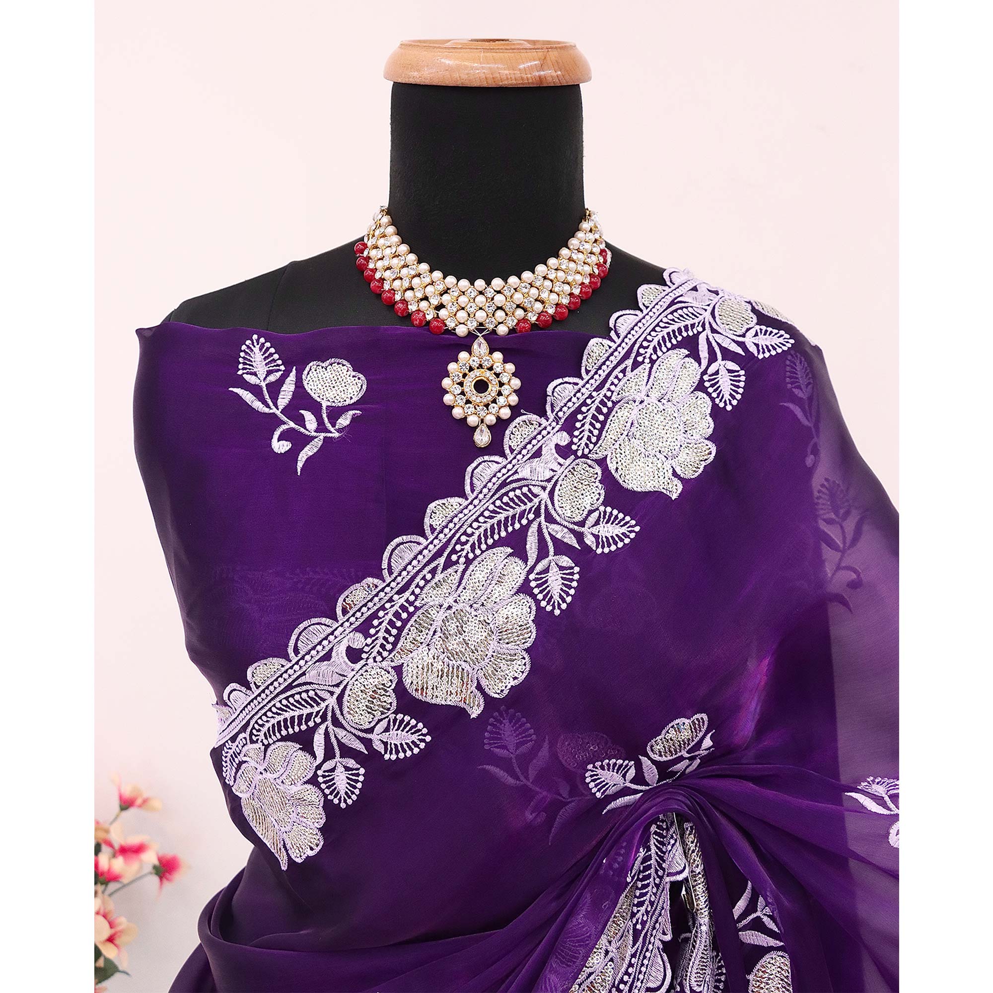 Purple Floral Embroidered Satin Saree