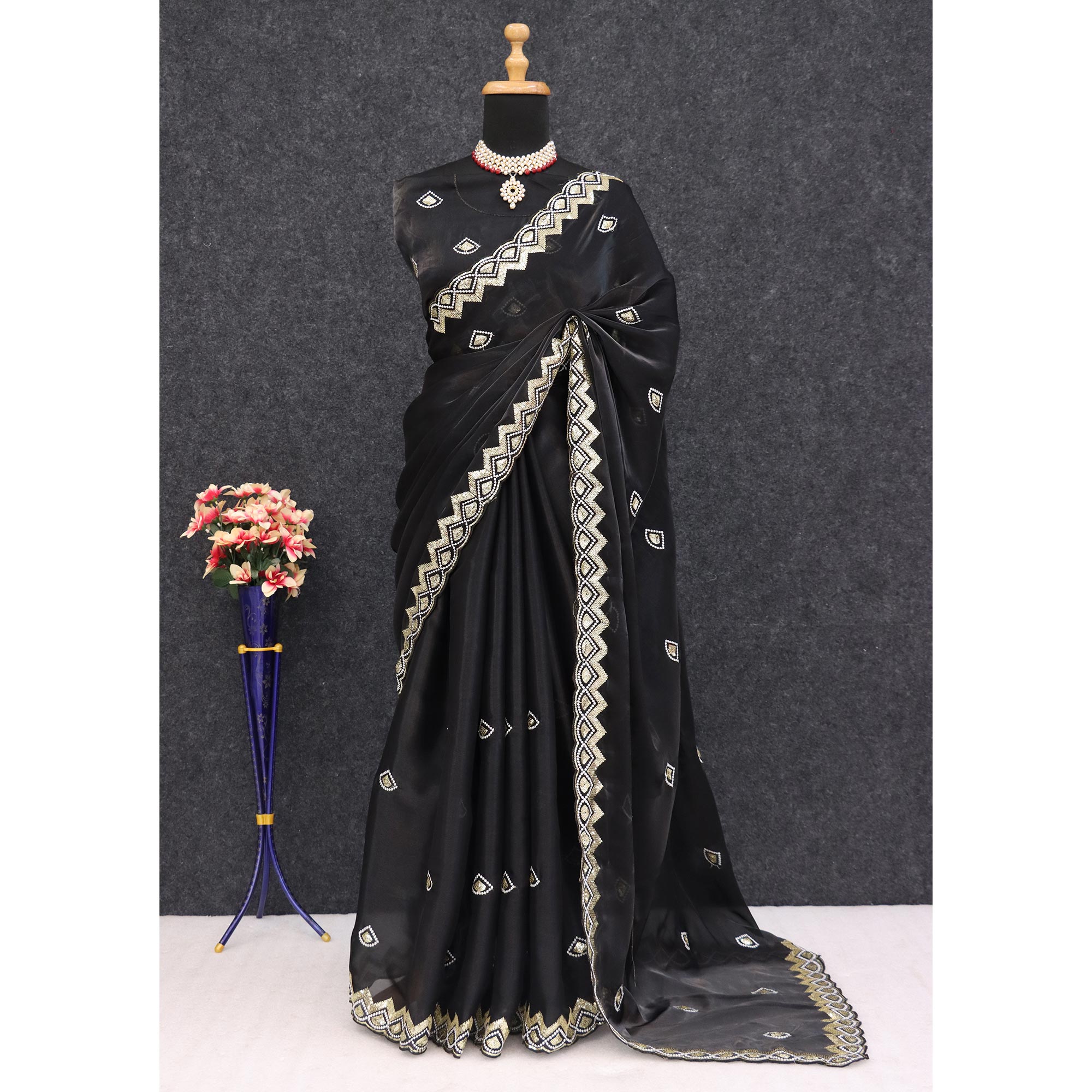 Black Sequins Embroidered Satin Saree