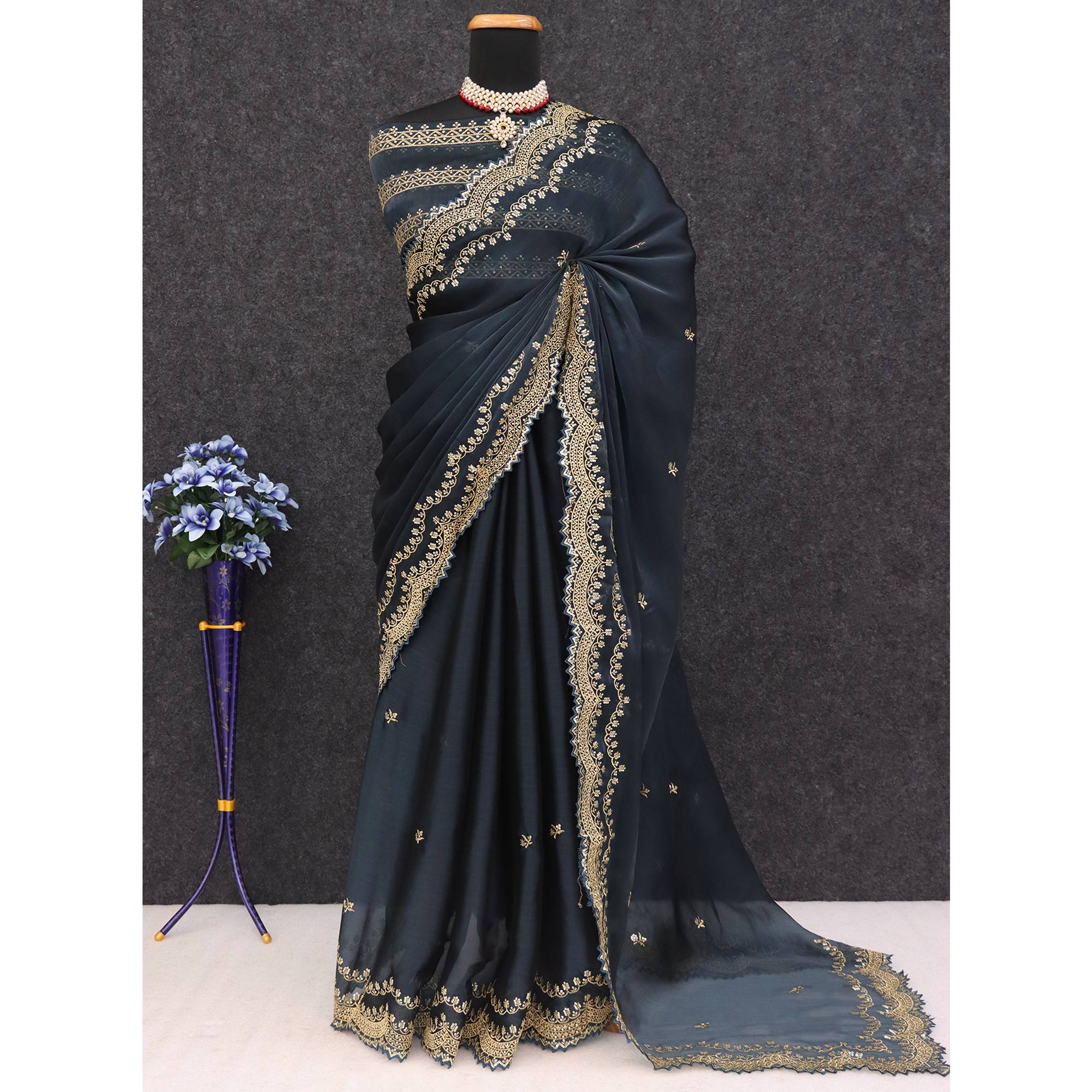 Blue Embroidered Chiffon Saree