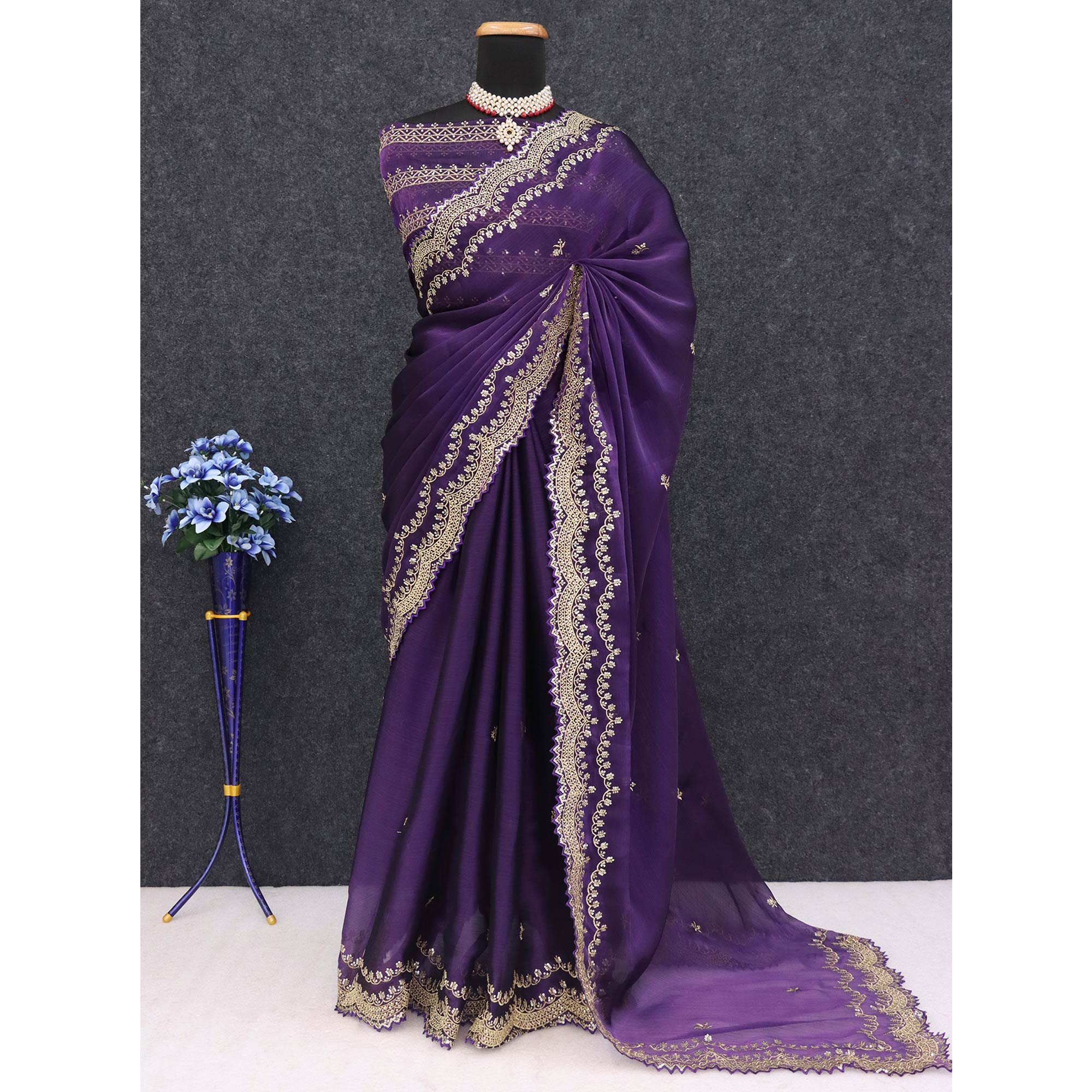 Purple Embroidered Chiffon Saree