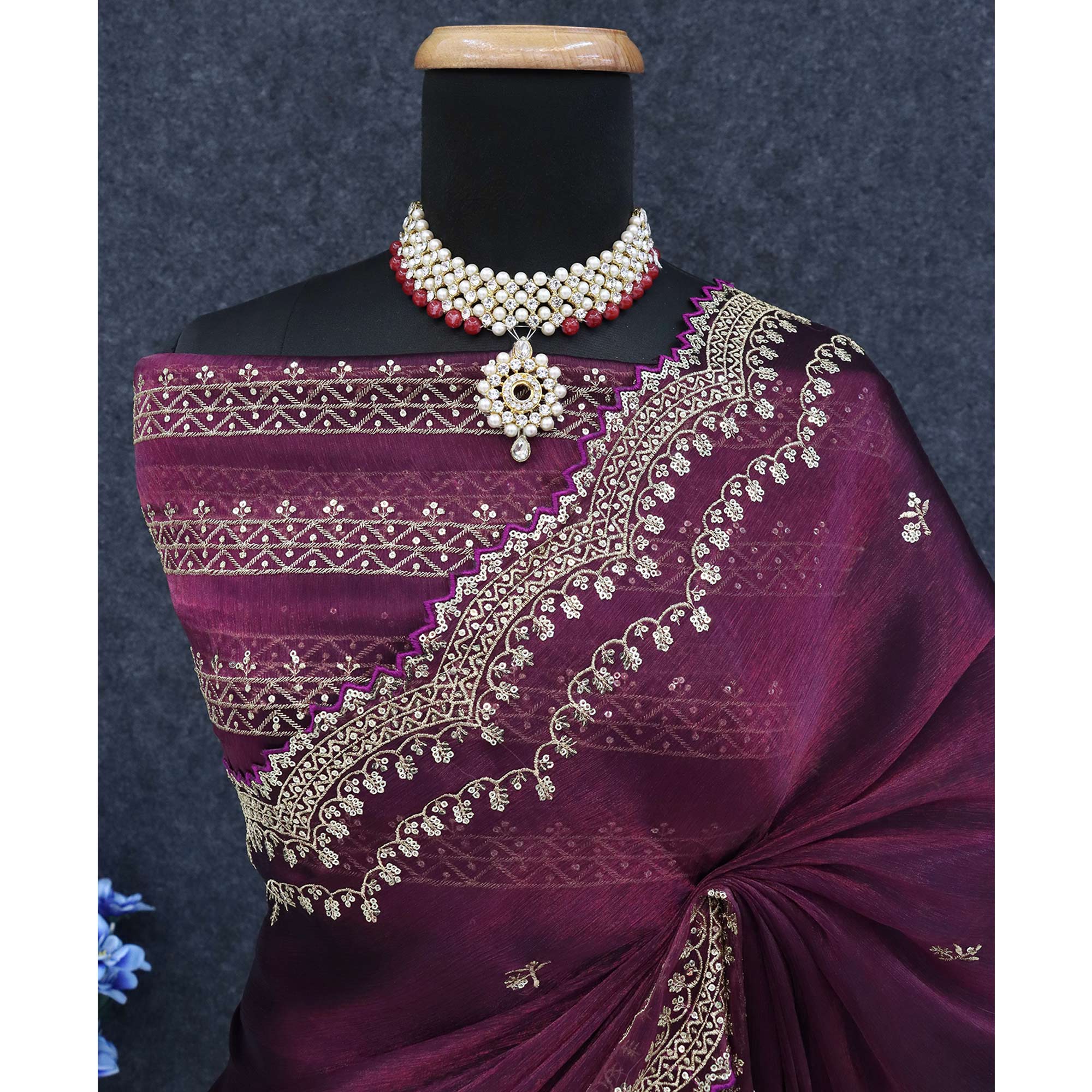Wine Embroidered Chiffon Saree