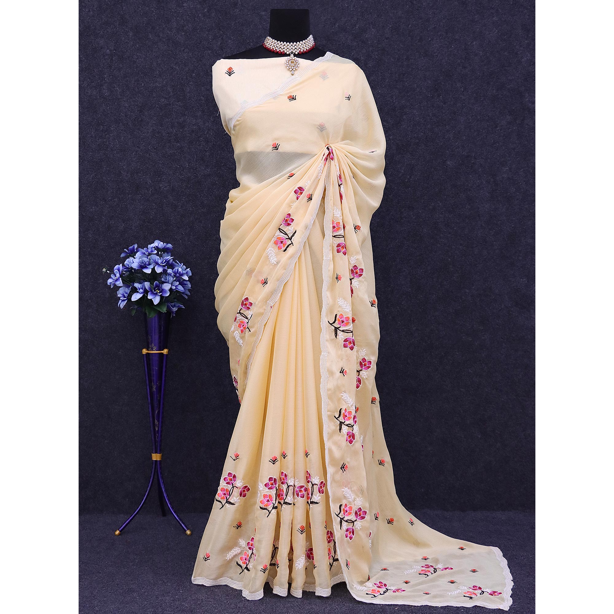 Beige Floral Embroidered Chiffon Saree