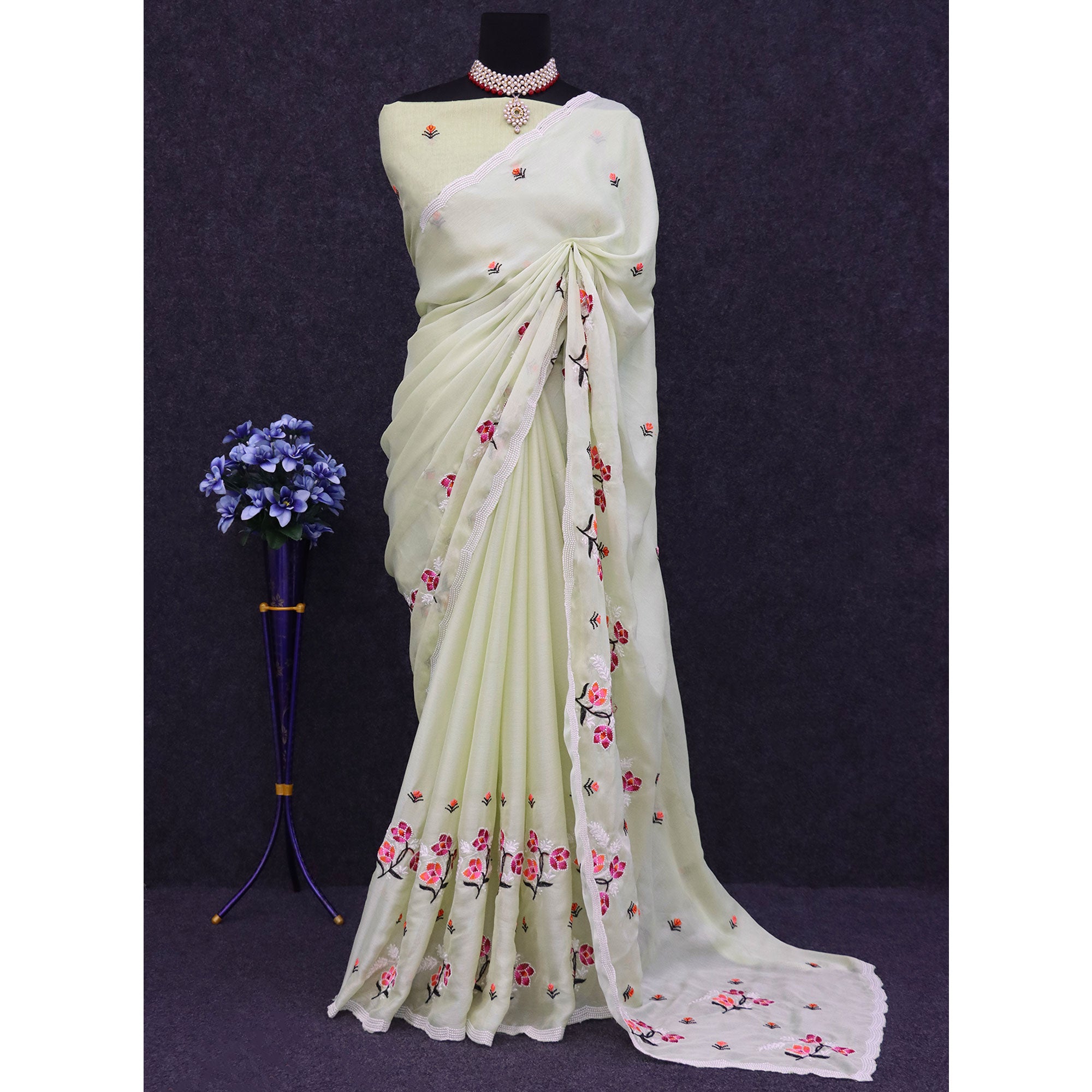 Light Green Floral Embroidered Chiffon Saree