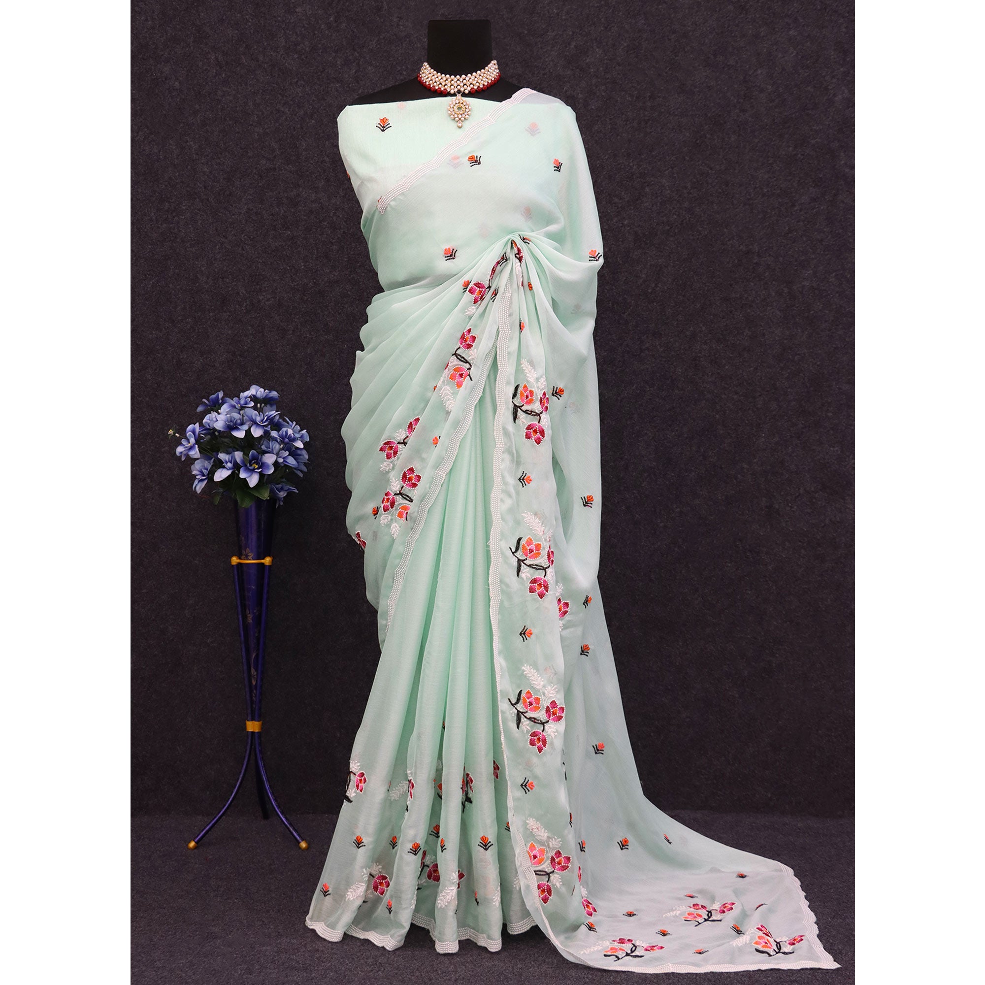 Mint Green Floral Embroidered Chiffon Saree