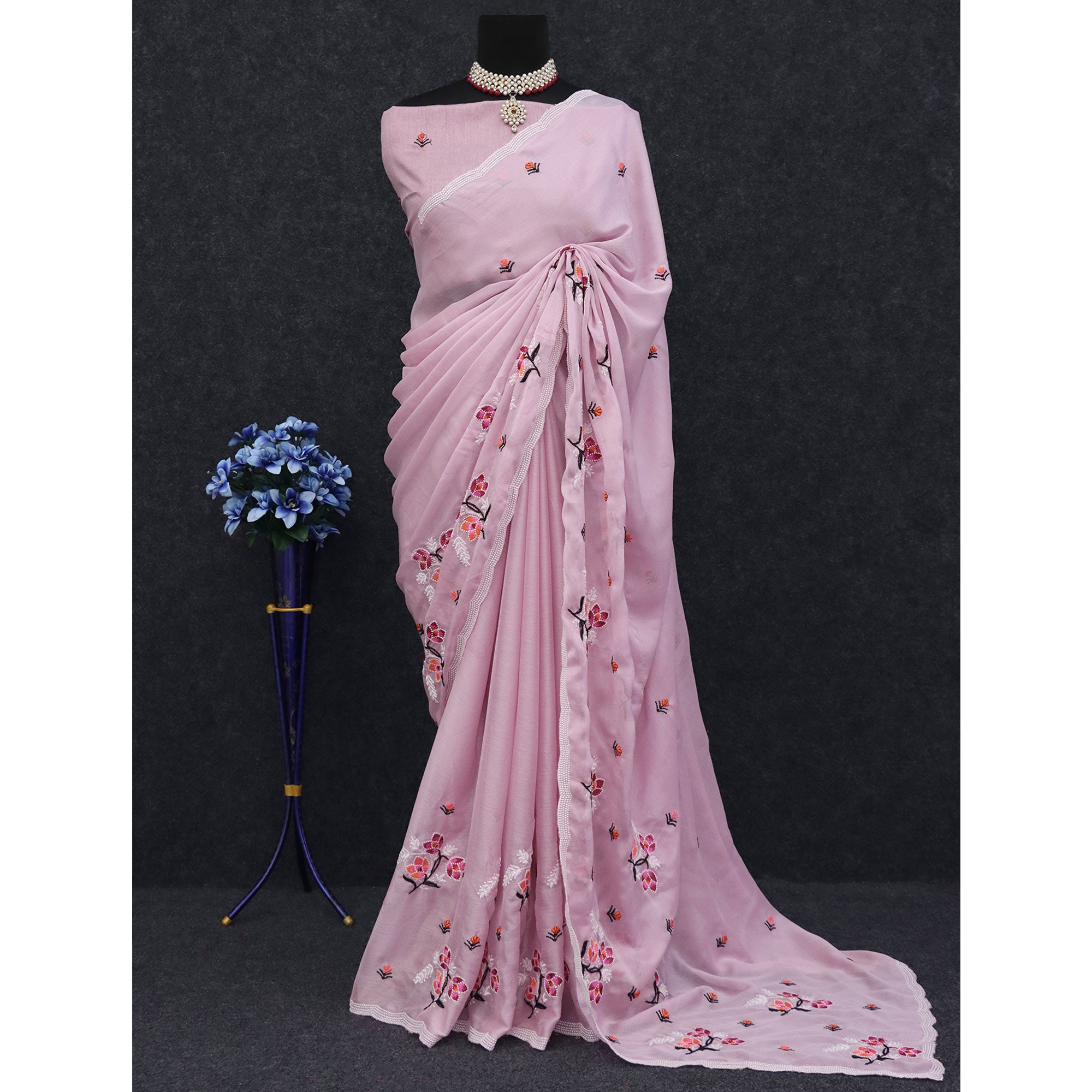 Pink Floral Embroidered Chiffon Saree