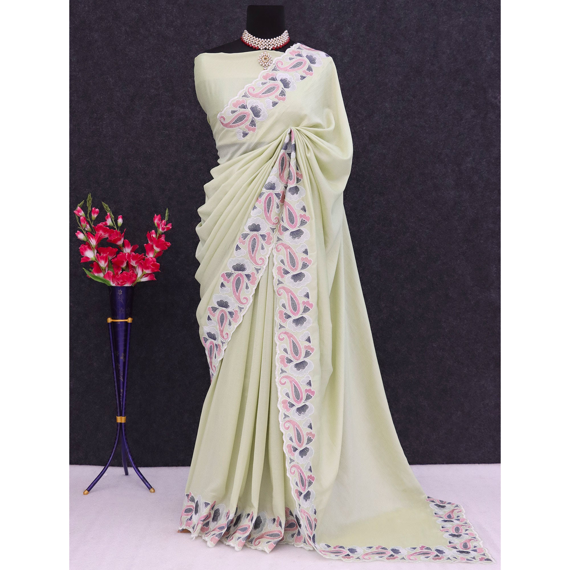 Green Floral Embroidered Vichitra Silk Saree