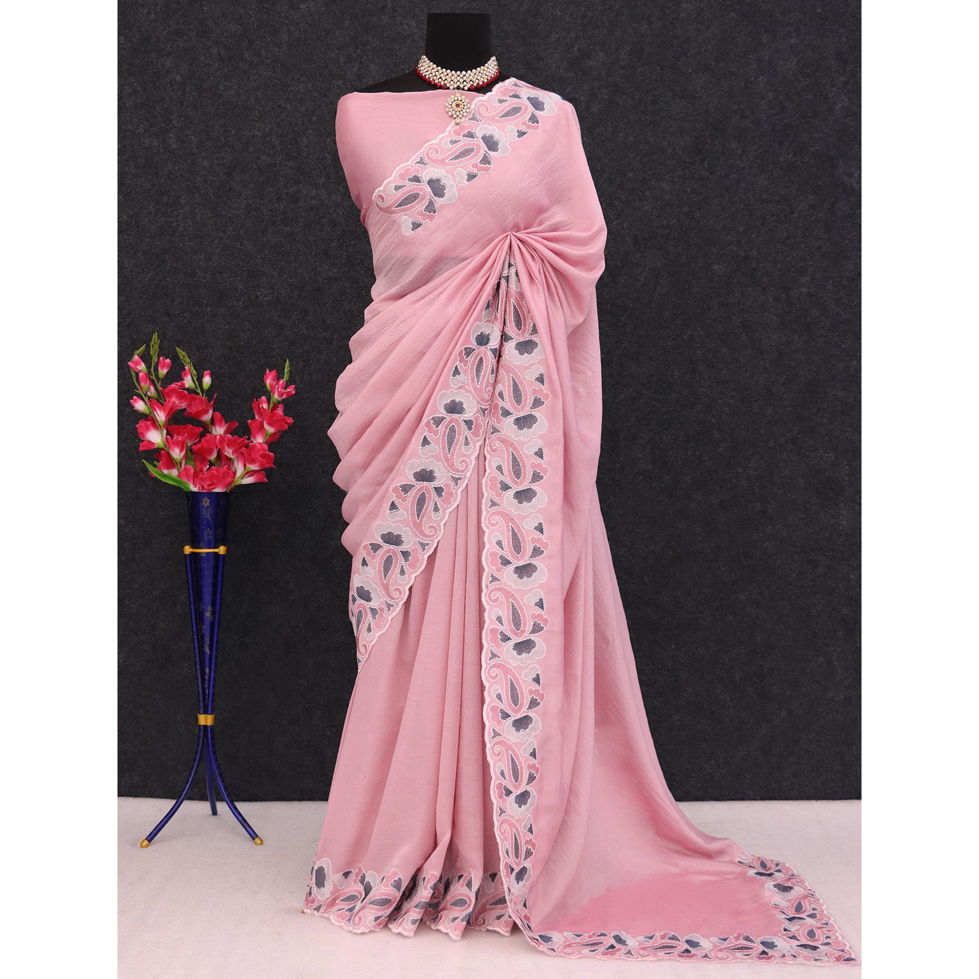 Pink Floral Embroidered Vichitra Silk Saree