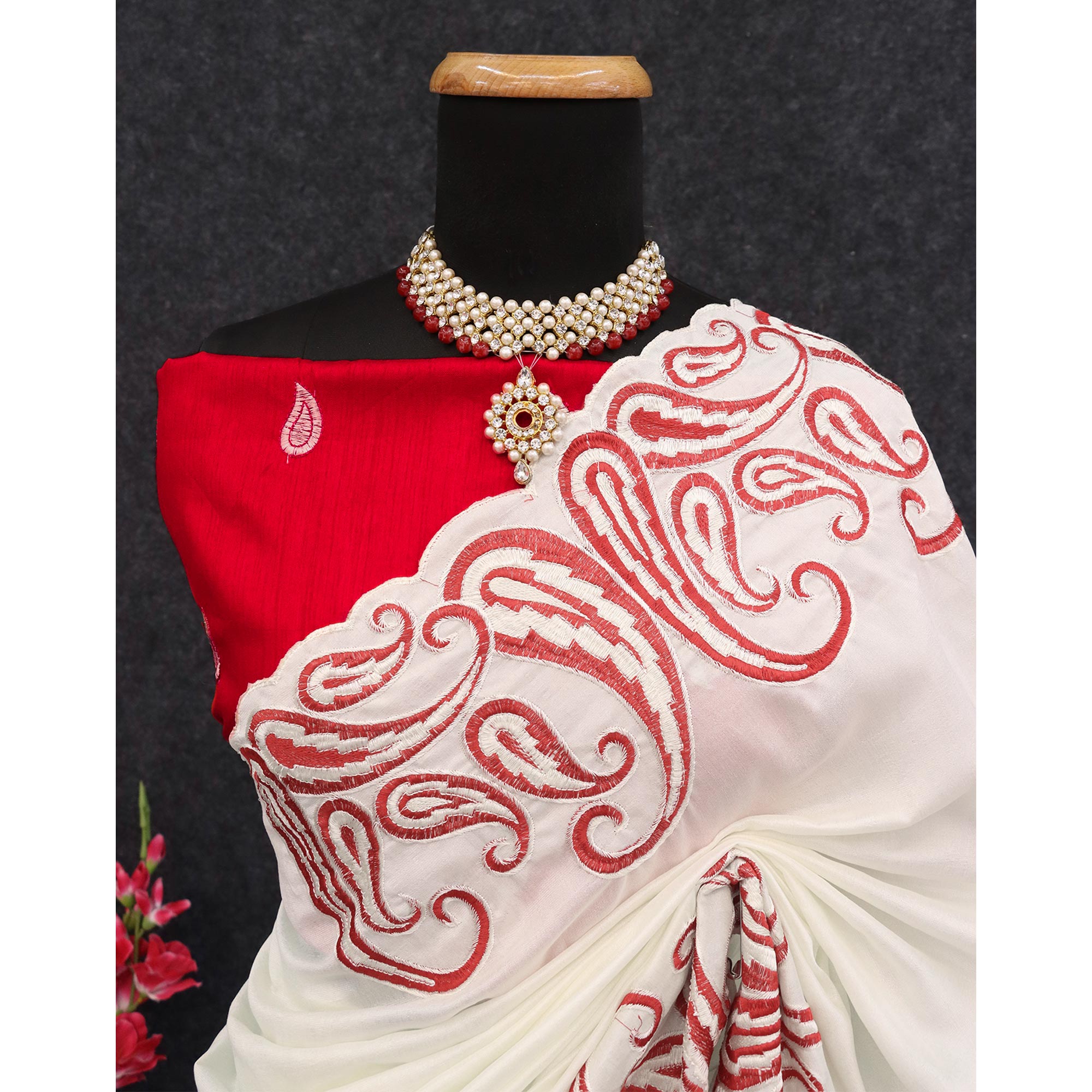 Off White Embroidered Vichitra Silk Saree
