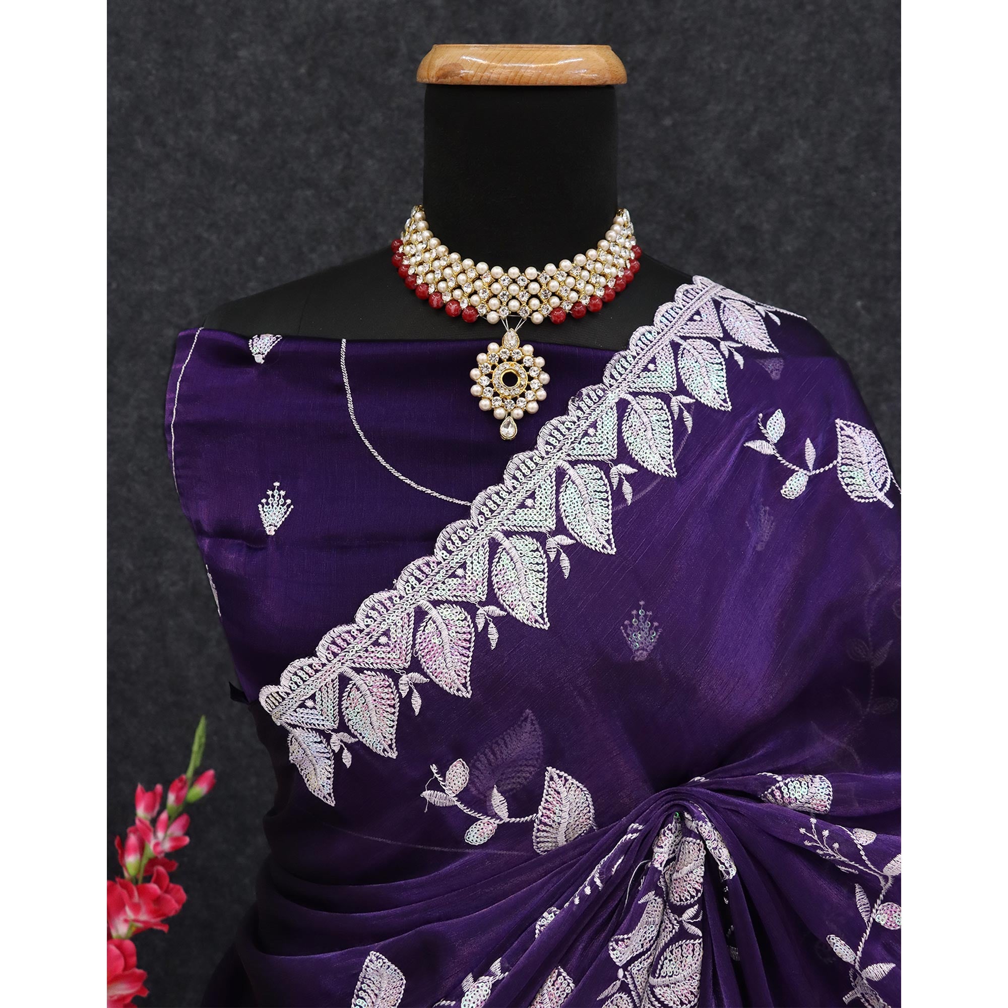 Purple Sequins Embroidered Chiffon Saree