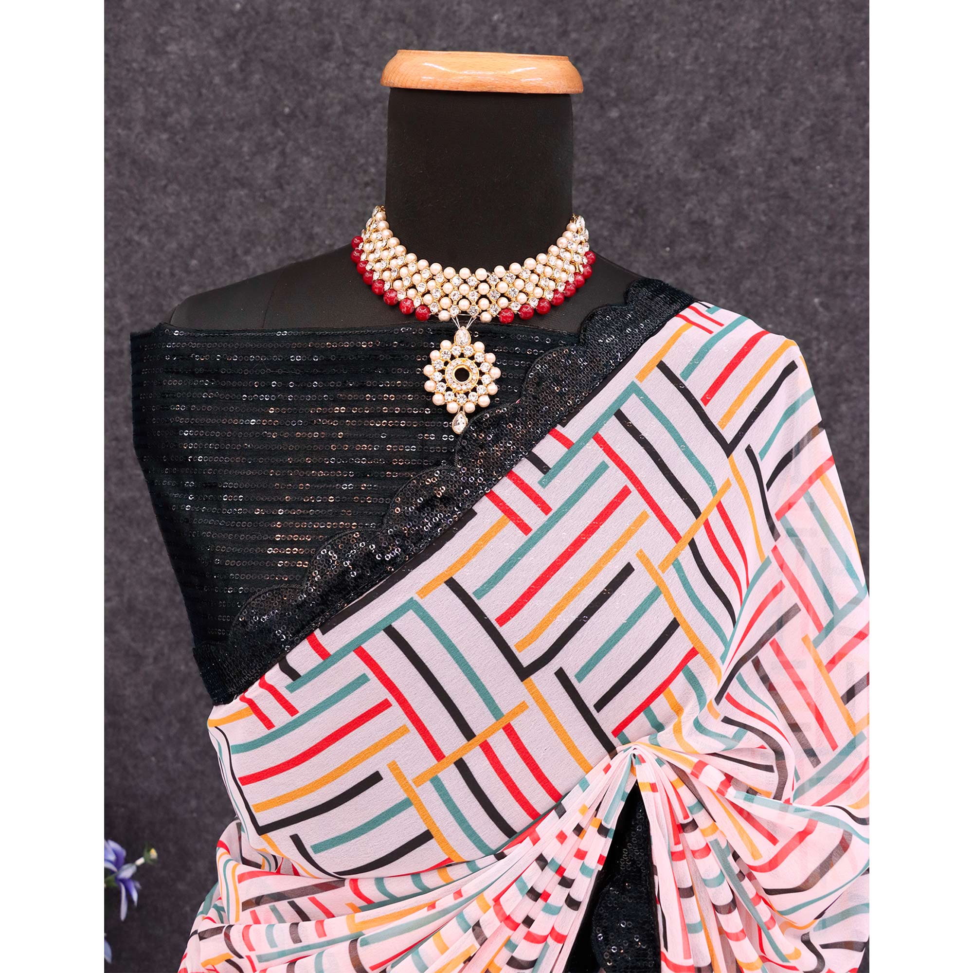 White Printed Georgette Saree With Sequins Border