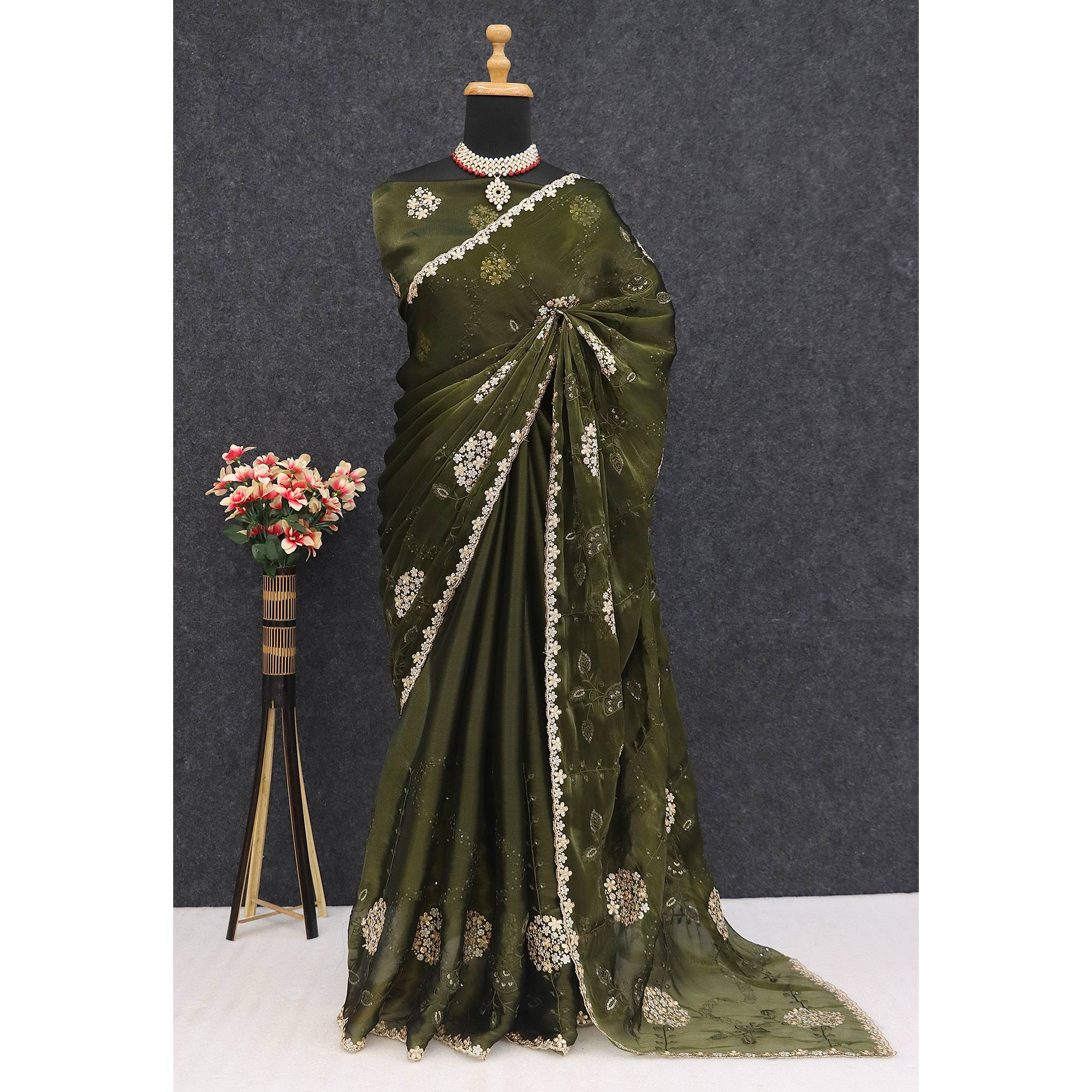 Green Sequins Embroidered Chiffon Saree