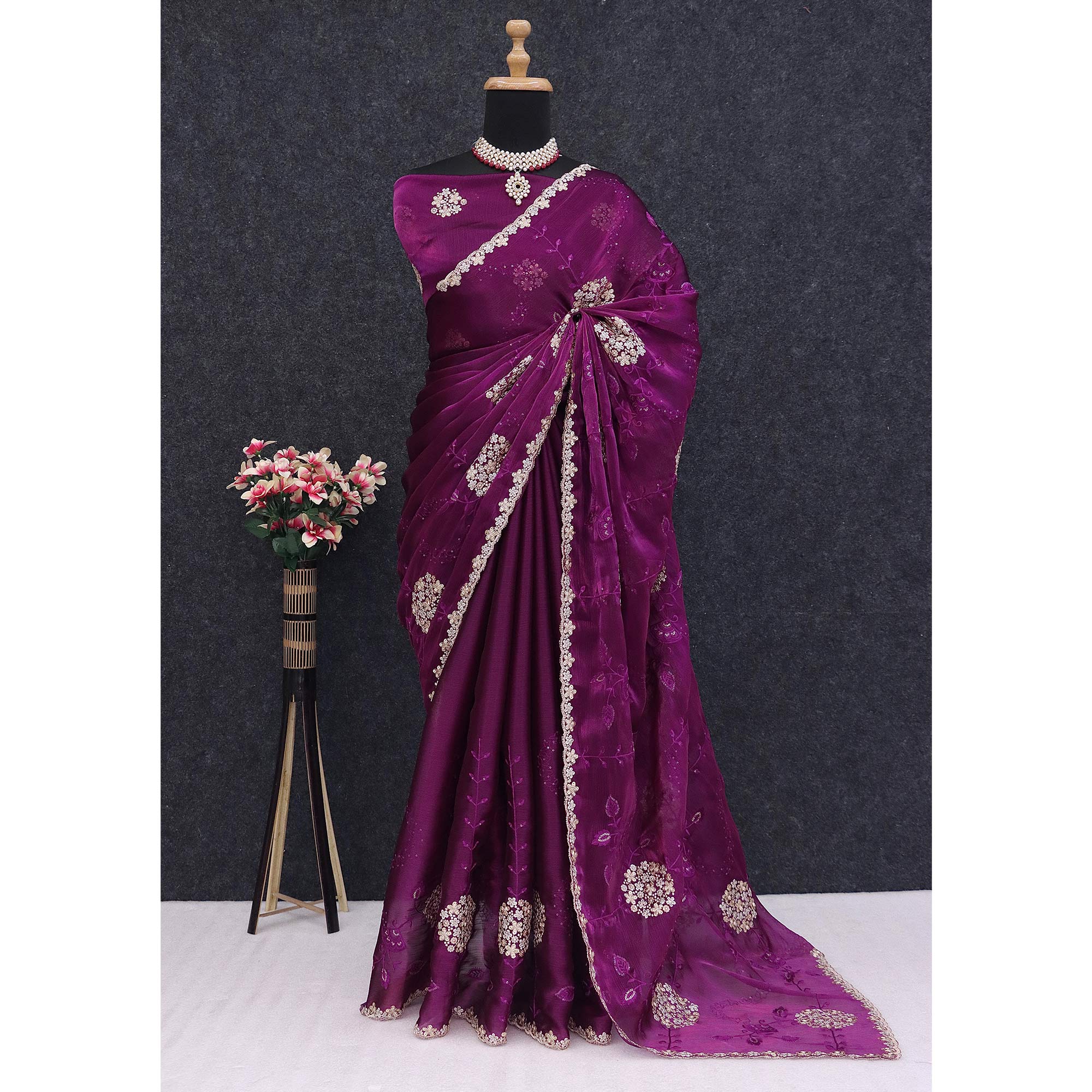 Purple Sequins Embroidered Chiffon Saree