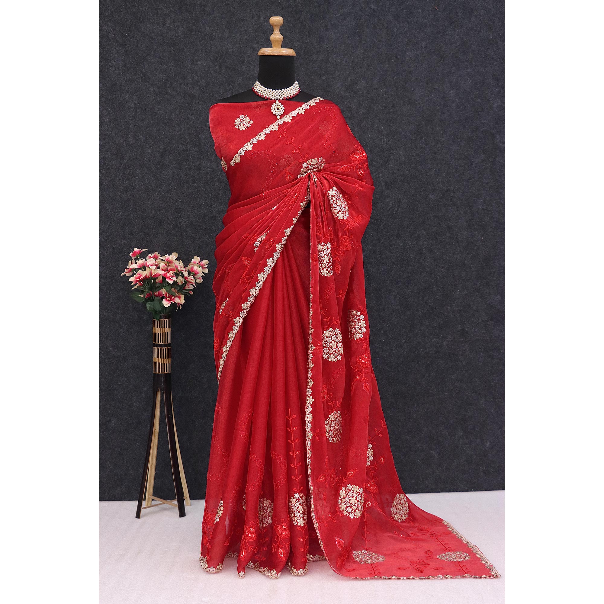 Red Sequins Embroidered Chiffon Saree