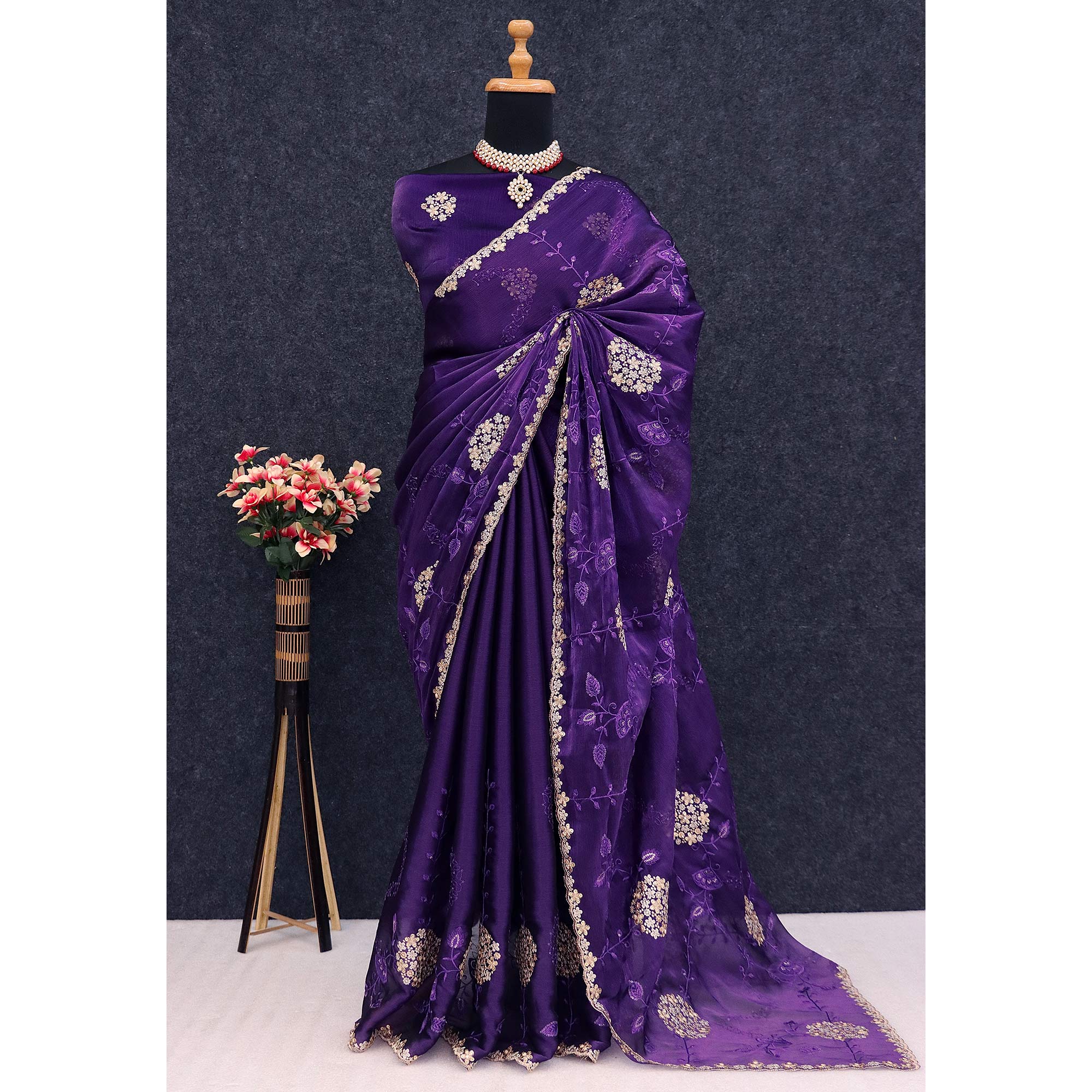 Violet Sequins Embroidered Chiffon Saree