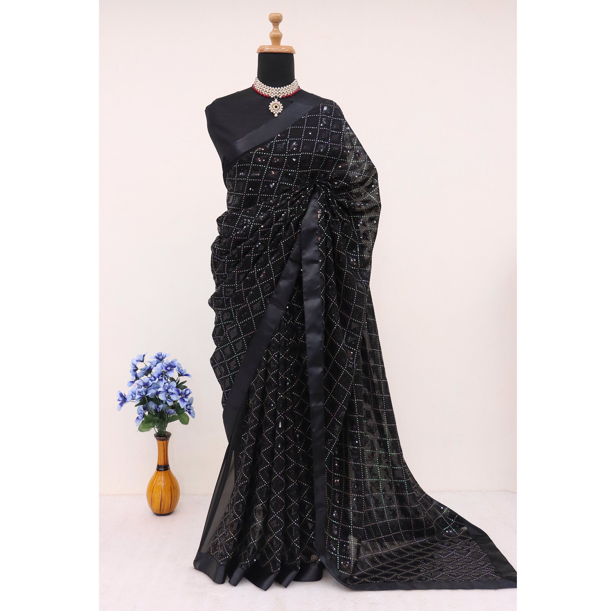 Black Sequins Embellished Georgette Saree