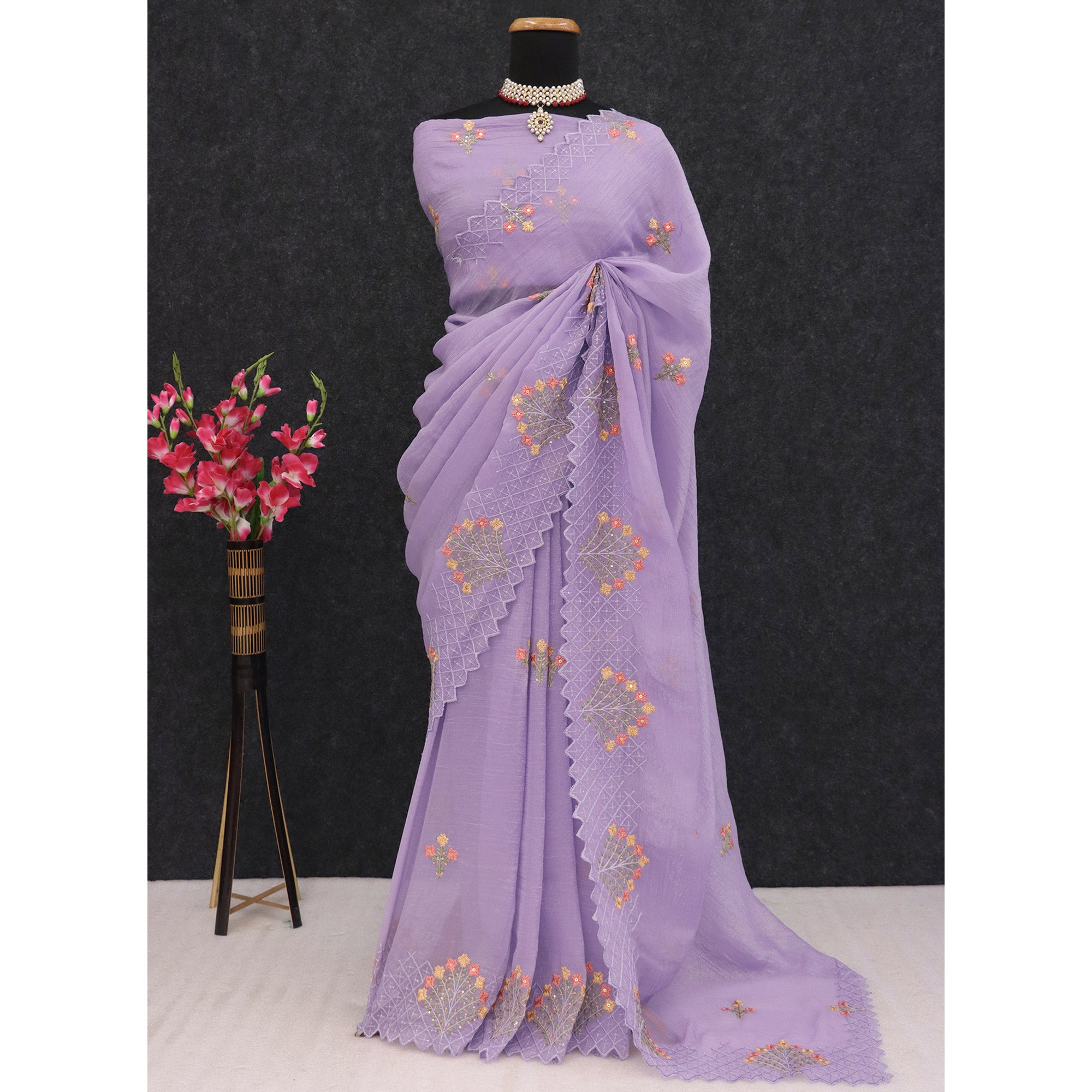 Lavender Floral Sequins Embroidered Art Silk Crush Saree