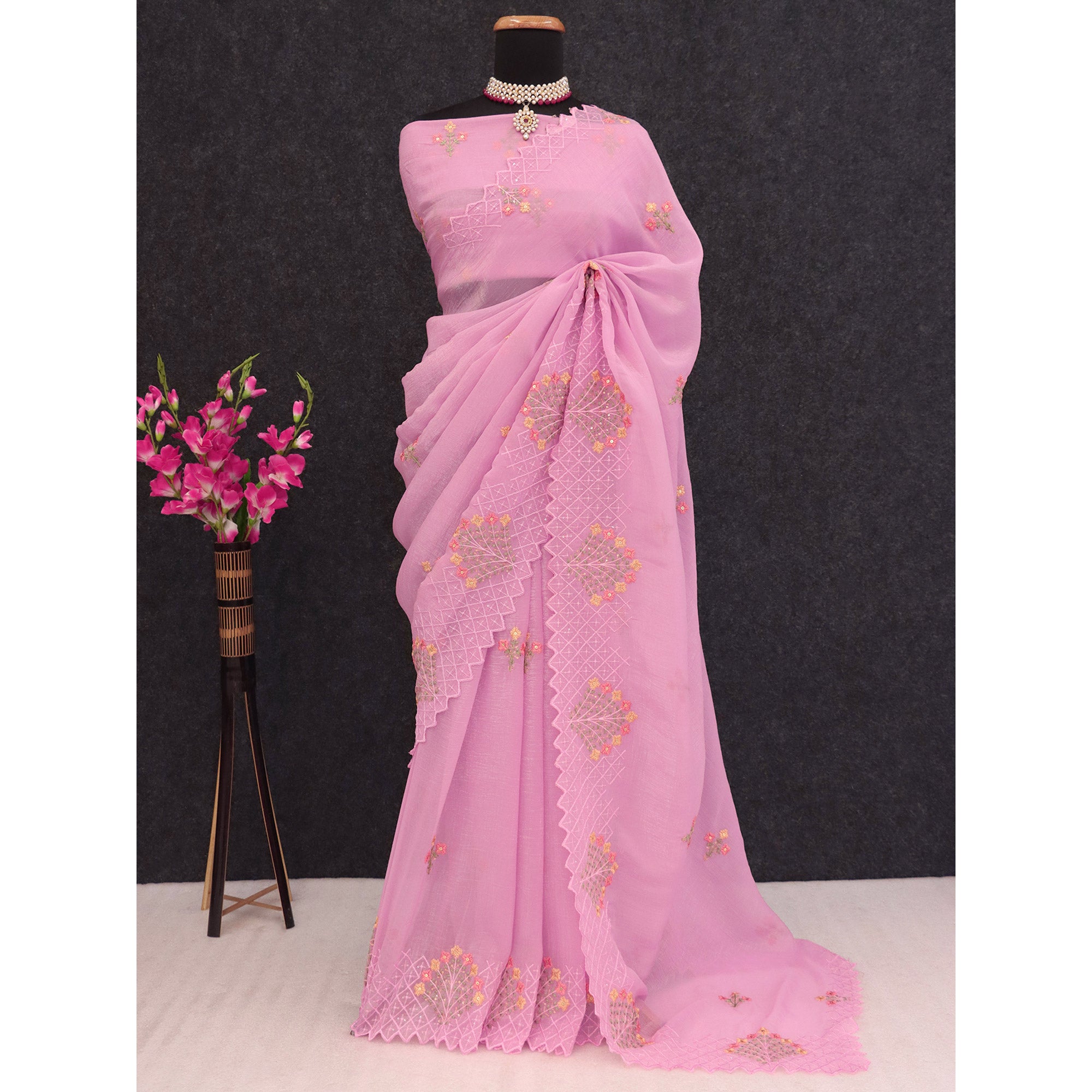 Pink Floral Sequins Embroidered Art Silk Crush Saree