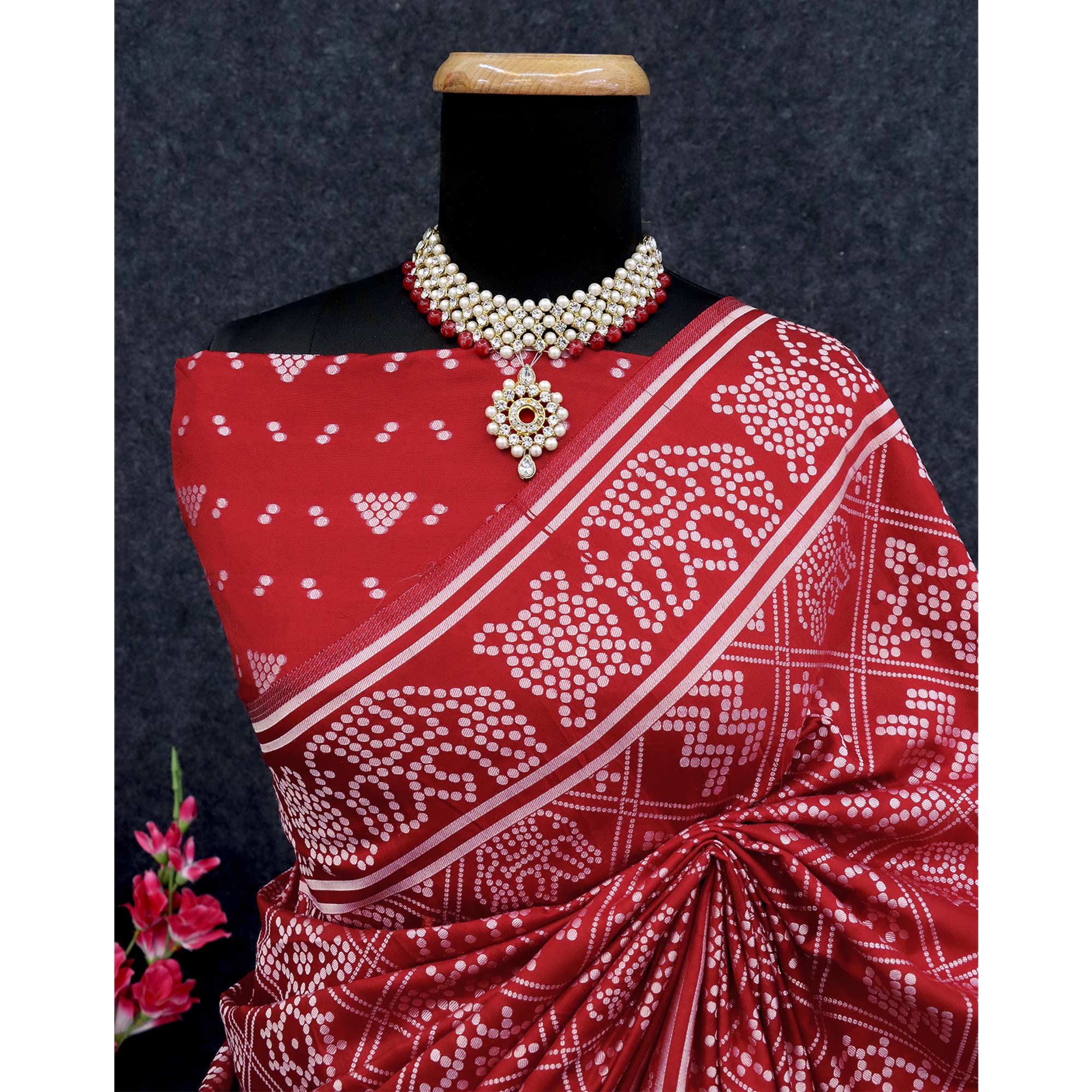 Red Bandhani Zari Woven Dola Silk Saree