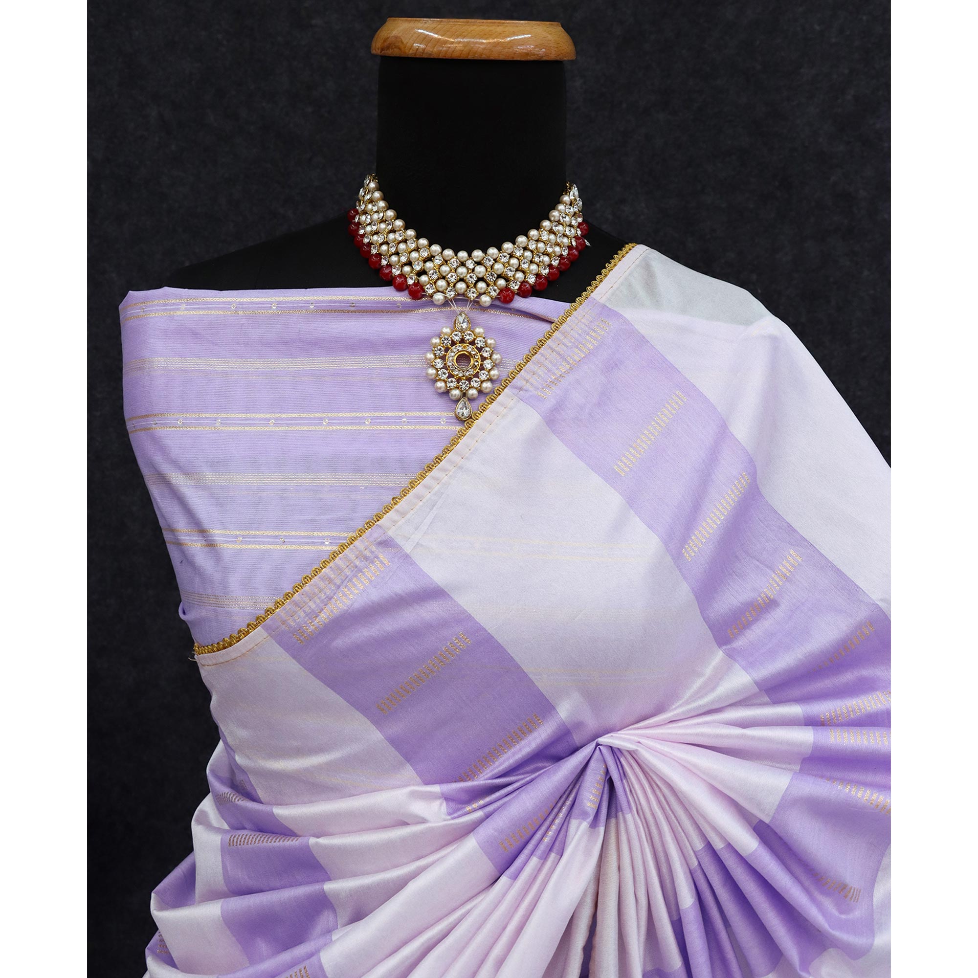 Lavender Zari Woven With Sequins Work Tussar Silk Saree With Lace Border