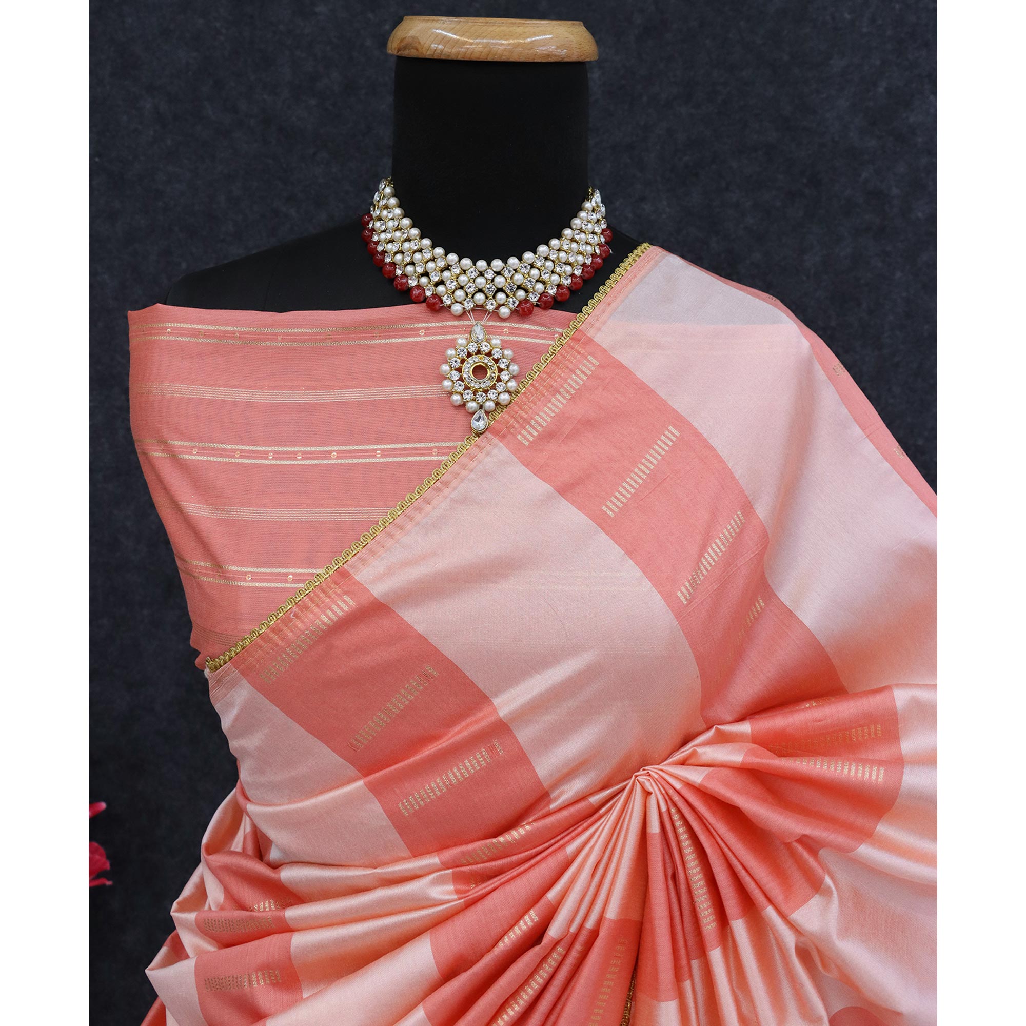 Peach Zari Woven With Sequins Work Tussar Silk Saree With Lace Border