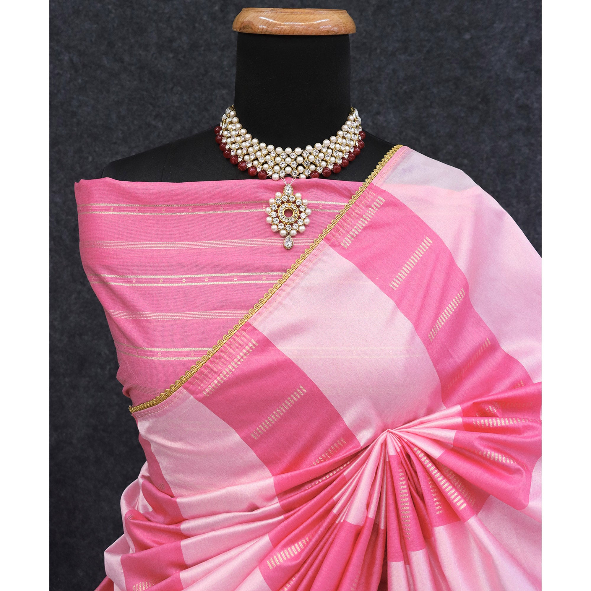 Pink Zari Woven With Sequins Work Tussar Silk Saree With Lace Border