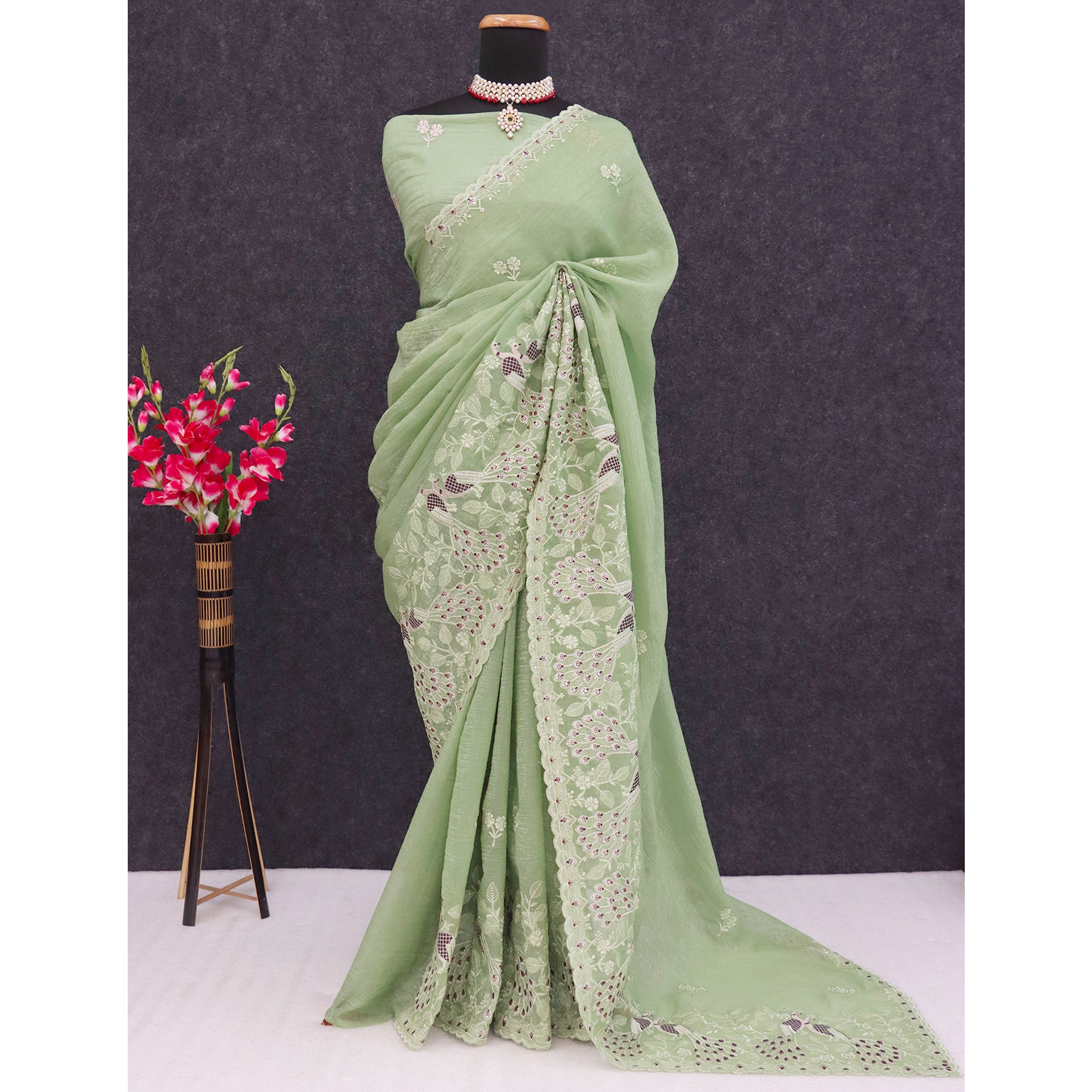 Green Floral Sequins Embroidered Art Silk Crush Saree