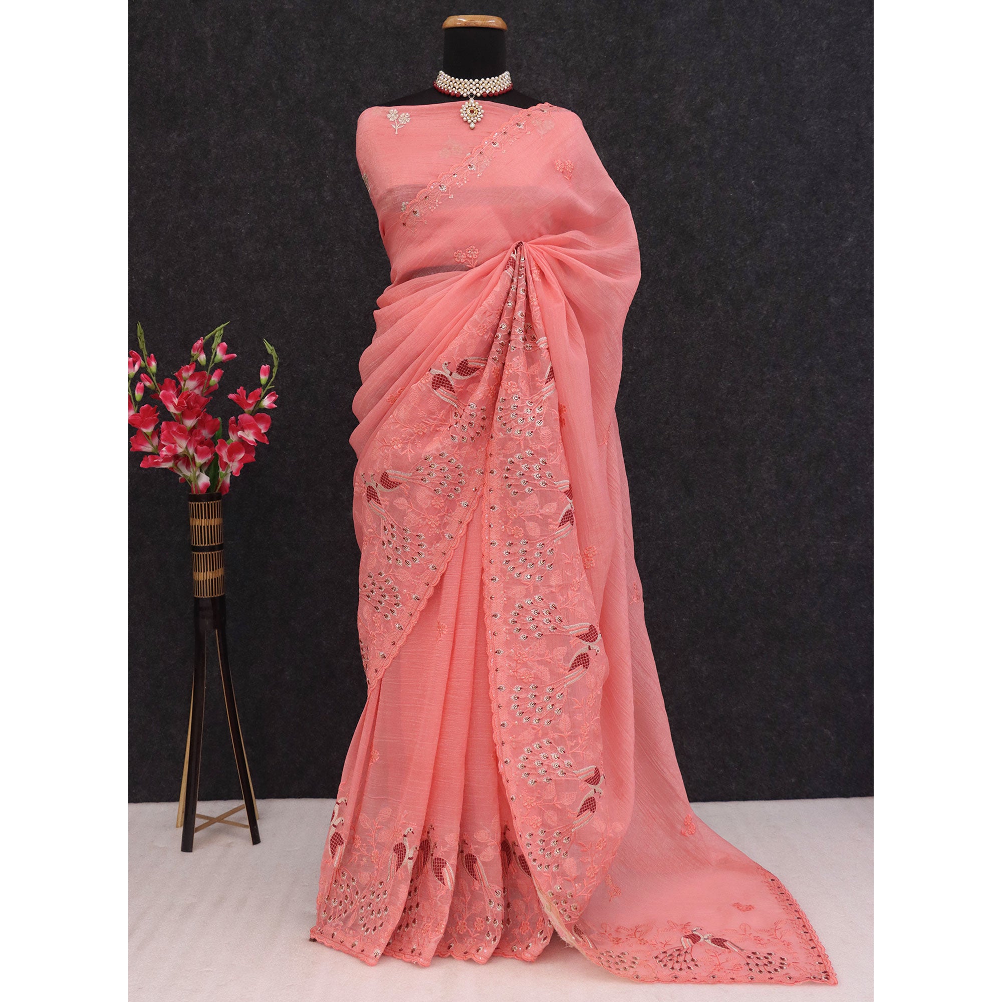 Light Peach Floral Sequins Embroidered Art Silk Crush Saree