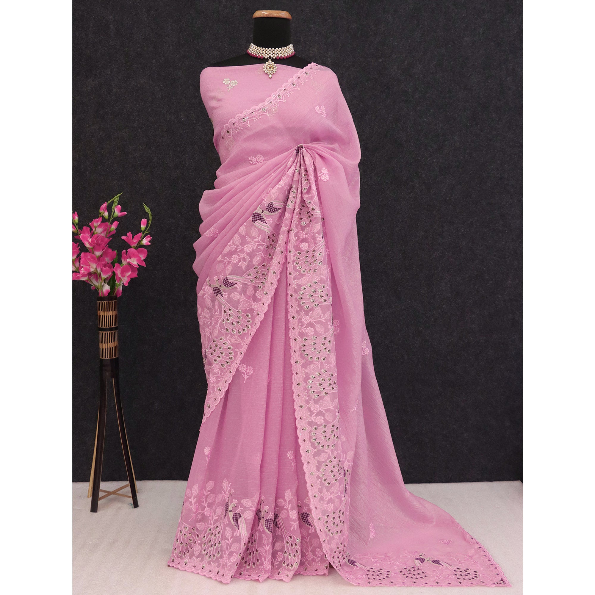 Pink Floral Sequins Embroidered Art Silk Crush Saree