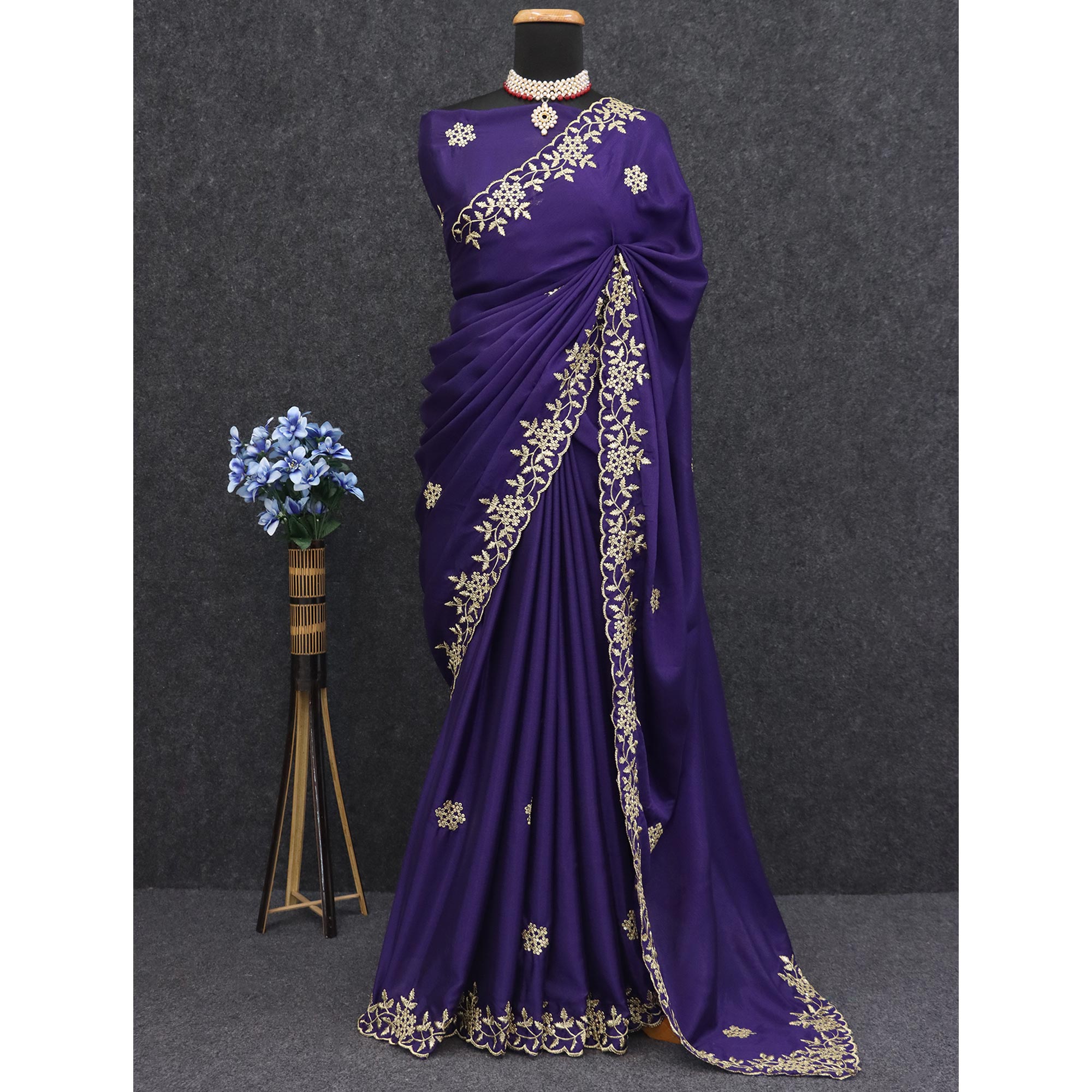 Purple Floral Sequins Embroidered Chinon Saree
