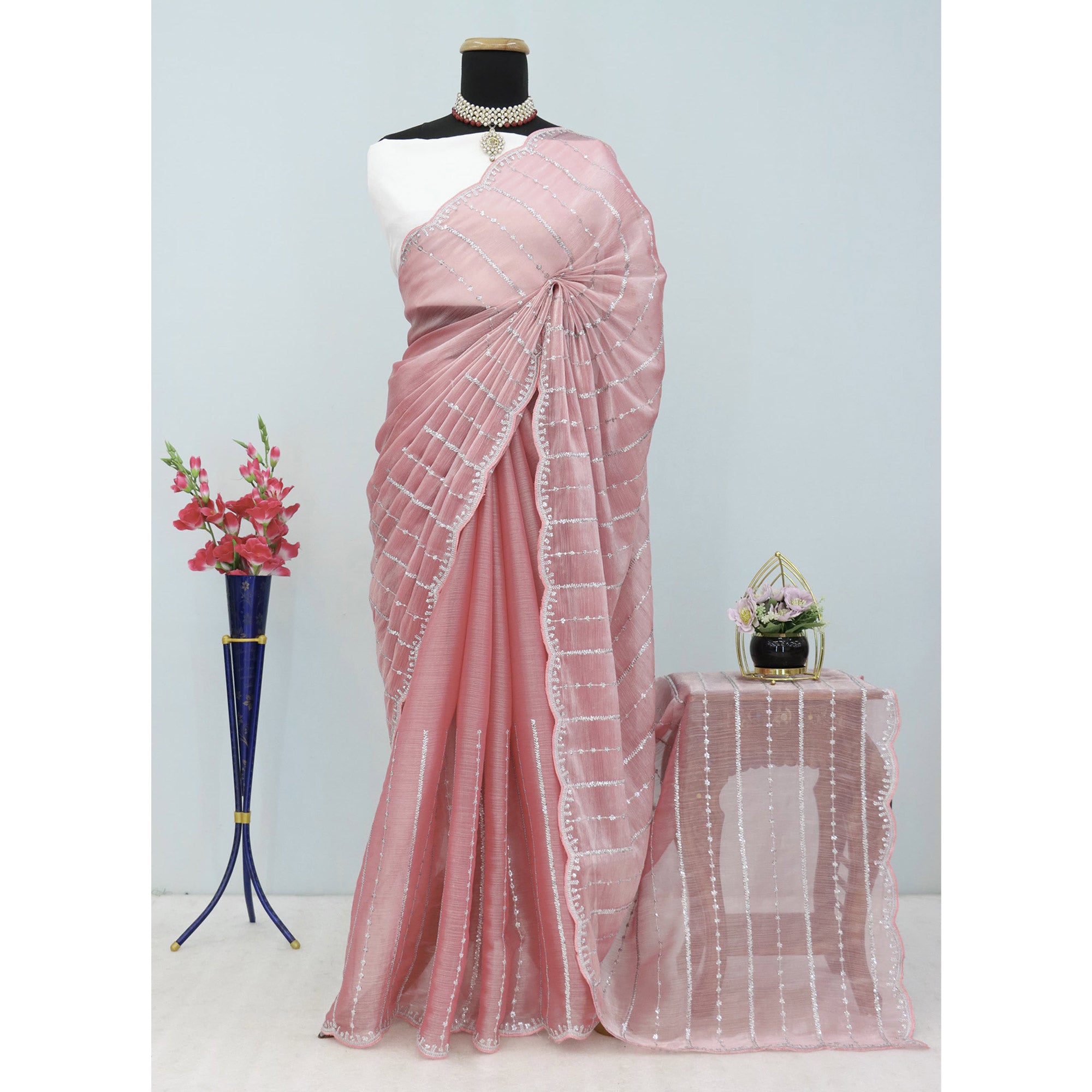 Peach Sequins Work Embroidered Chiffon Saree