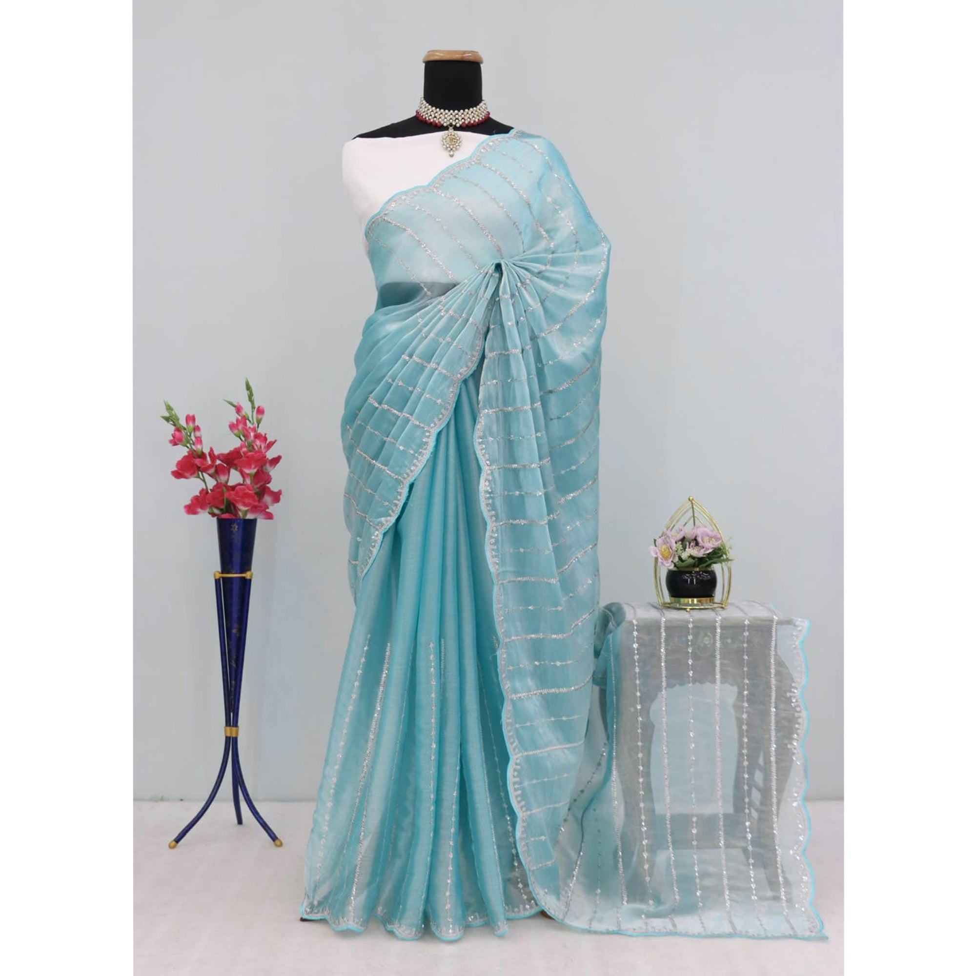Sky Blue Sequins Work Embroidered Chiffon Saree