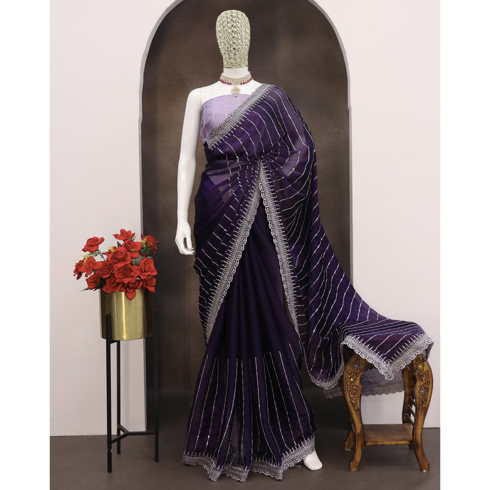 Purple Sequins Embroidered Chiffon Saree