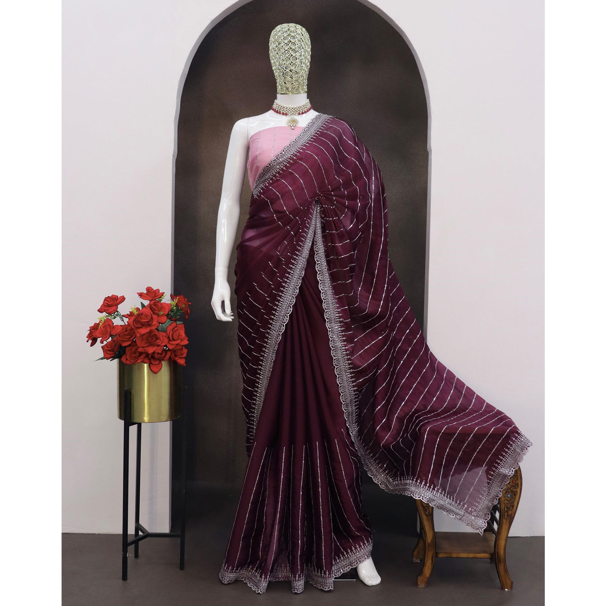 Wine Sequins Embroidered Chiffon Saree