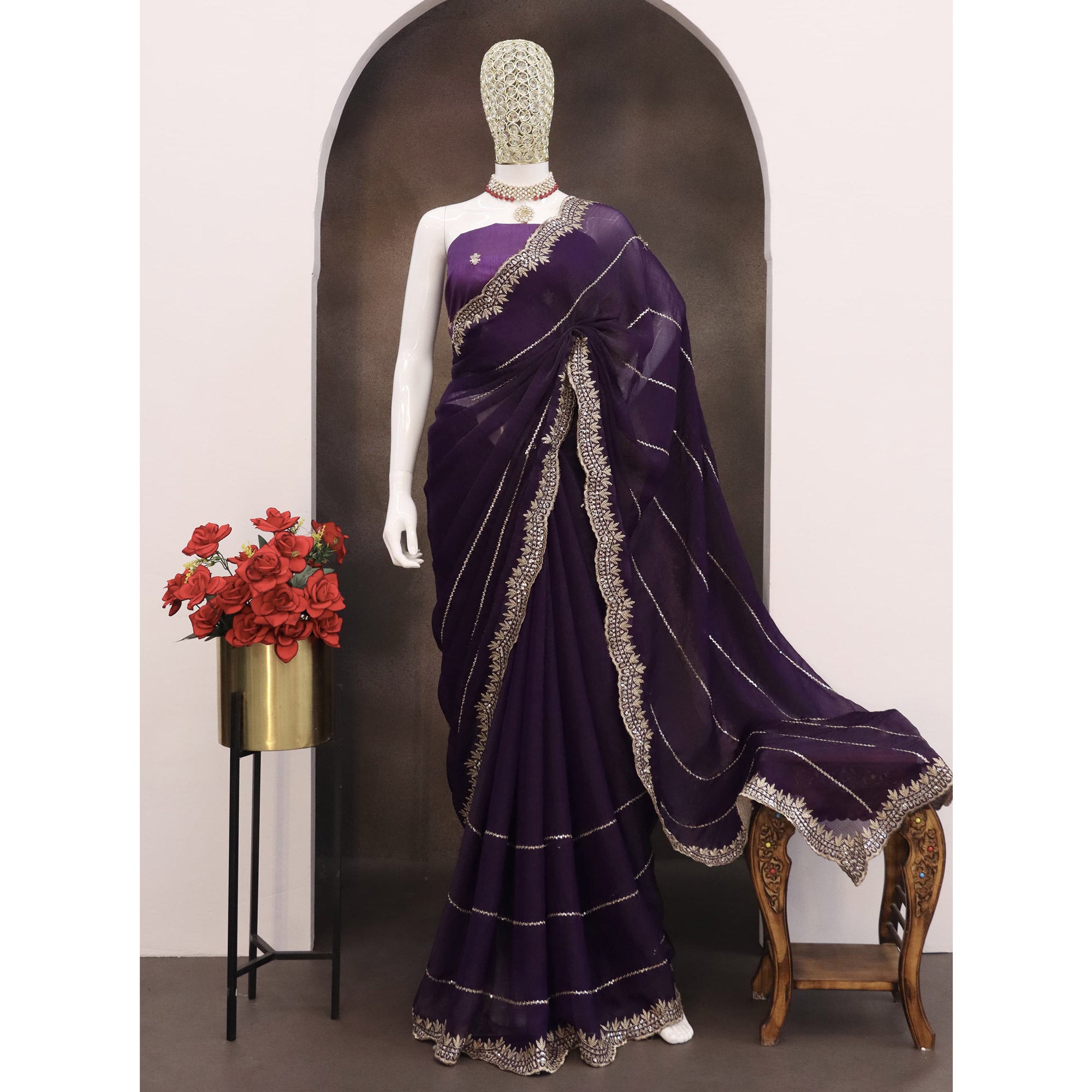 Purple Sequins Work Embroidered Chiffon Saree