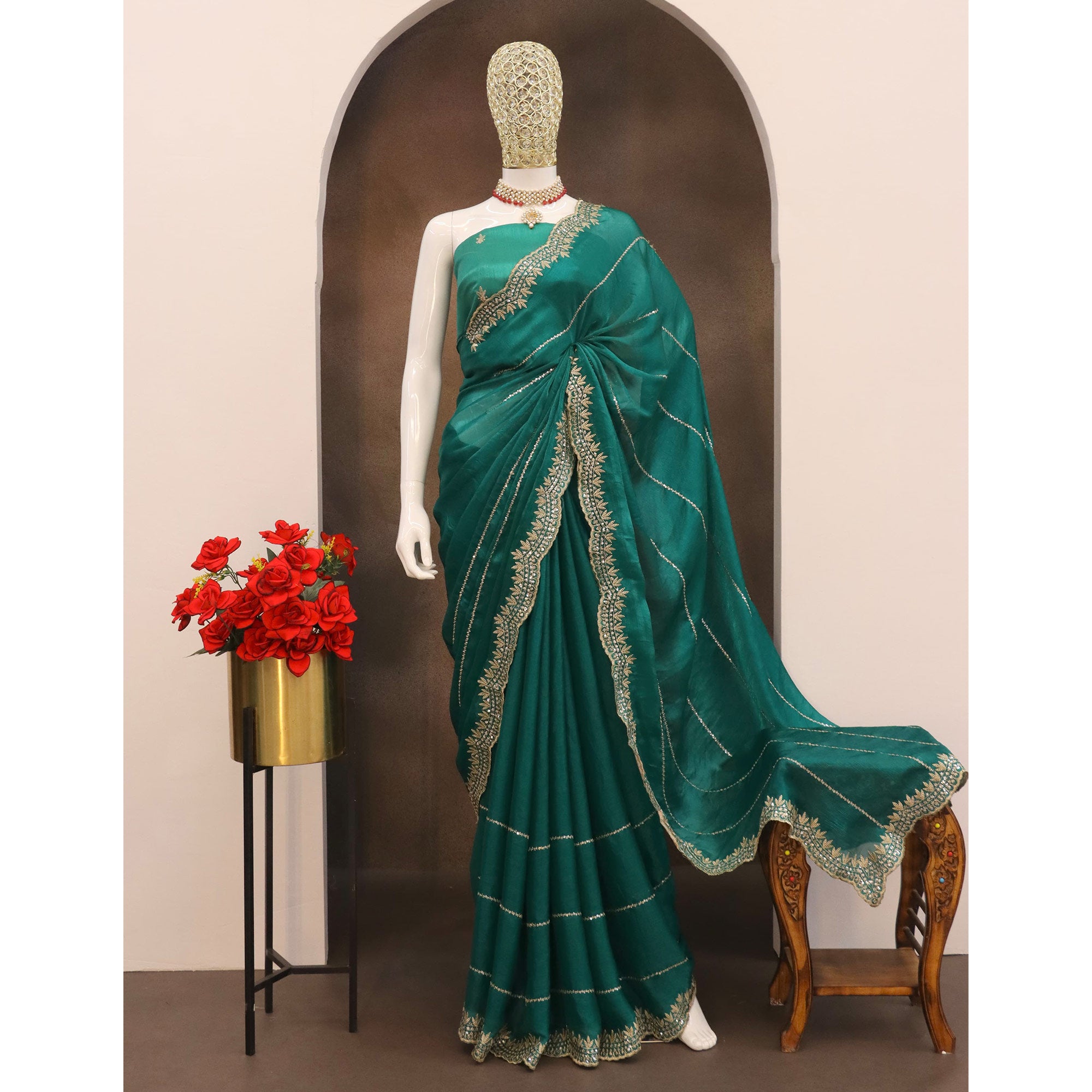 Rama Green Sequins Work Embroidered Chiffon Saree