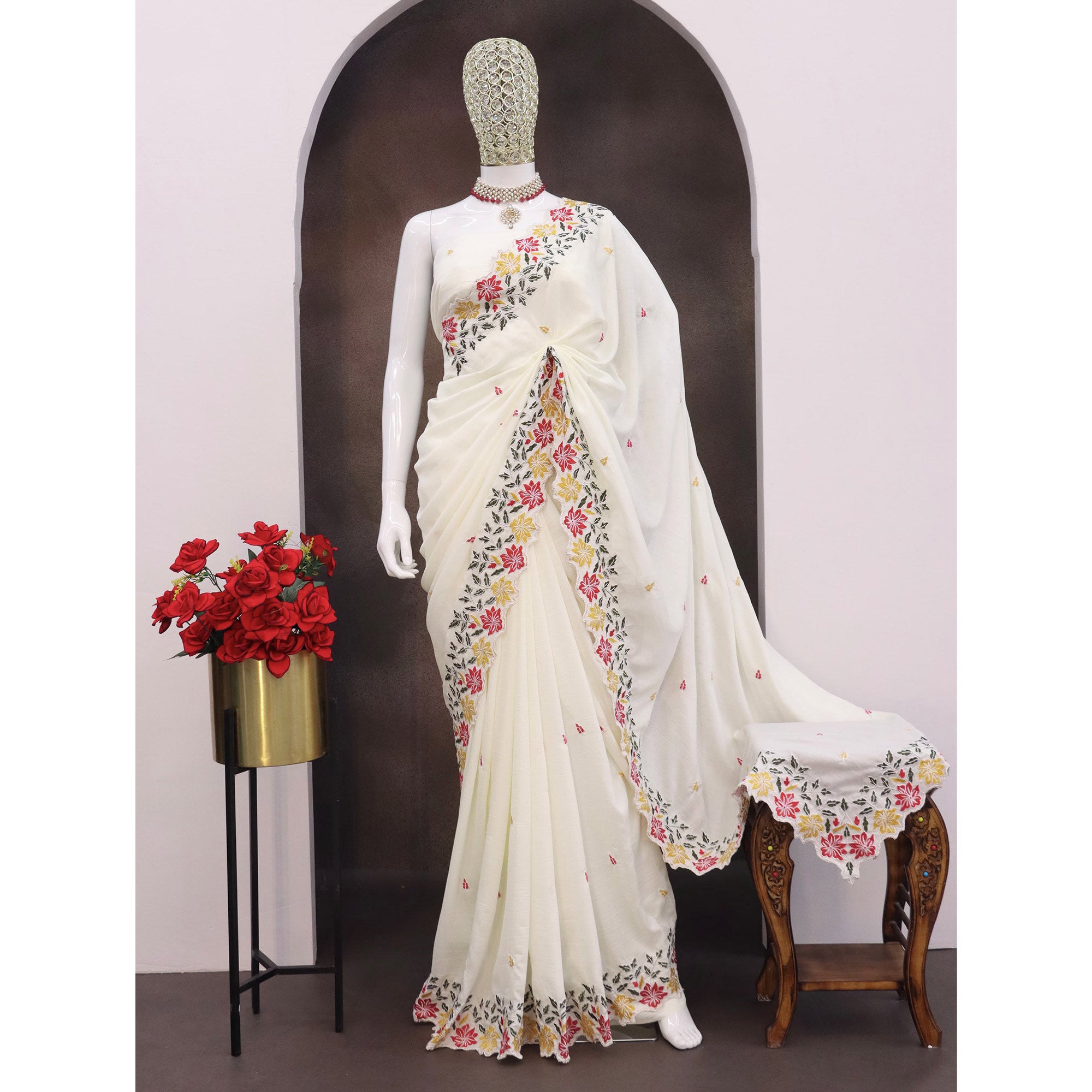 White Floral Embroidered Vichitra Silk Saree
