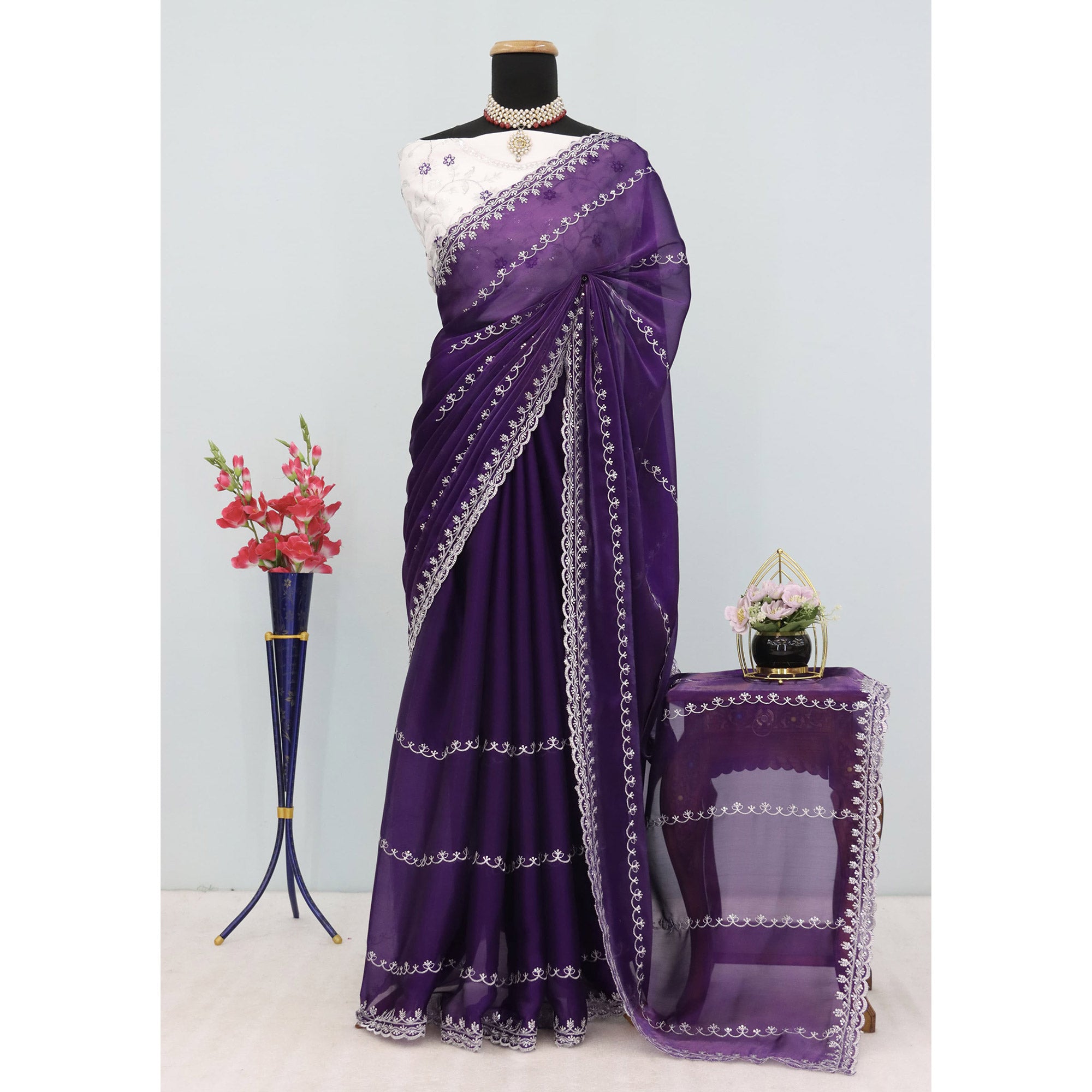 Purple Sequins Embroidered Satin Saree
